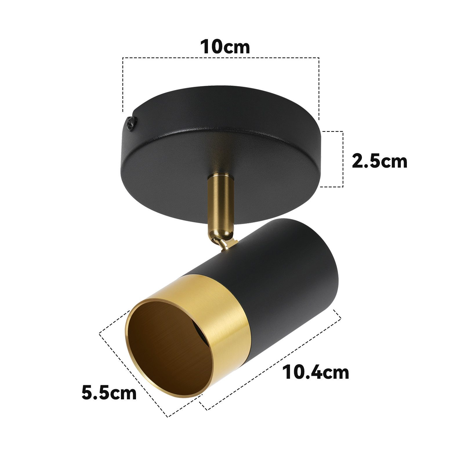 Faretto da soffitto nero e oro con dimensioni. Le dimensioni sono indicate con linee bianche.