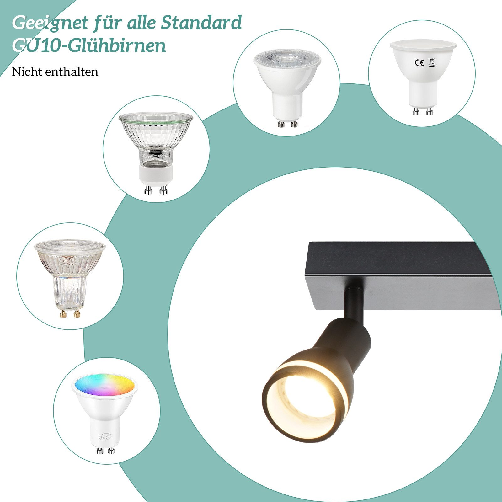 Diverse lampadine GU10 con un faretto a binario. Testo in alto: Adatto a tutte le lampadine GU10 standard.