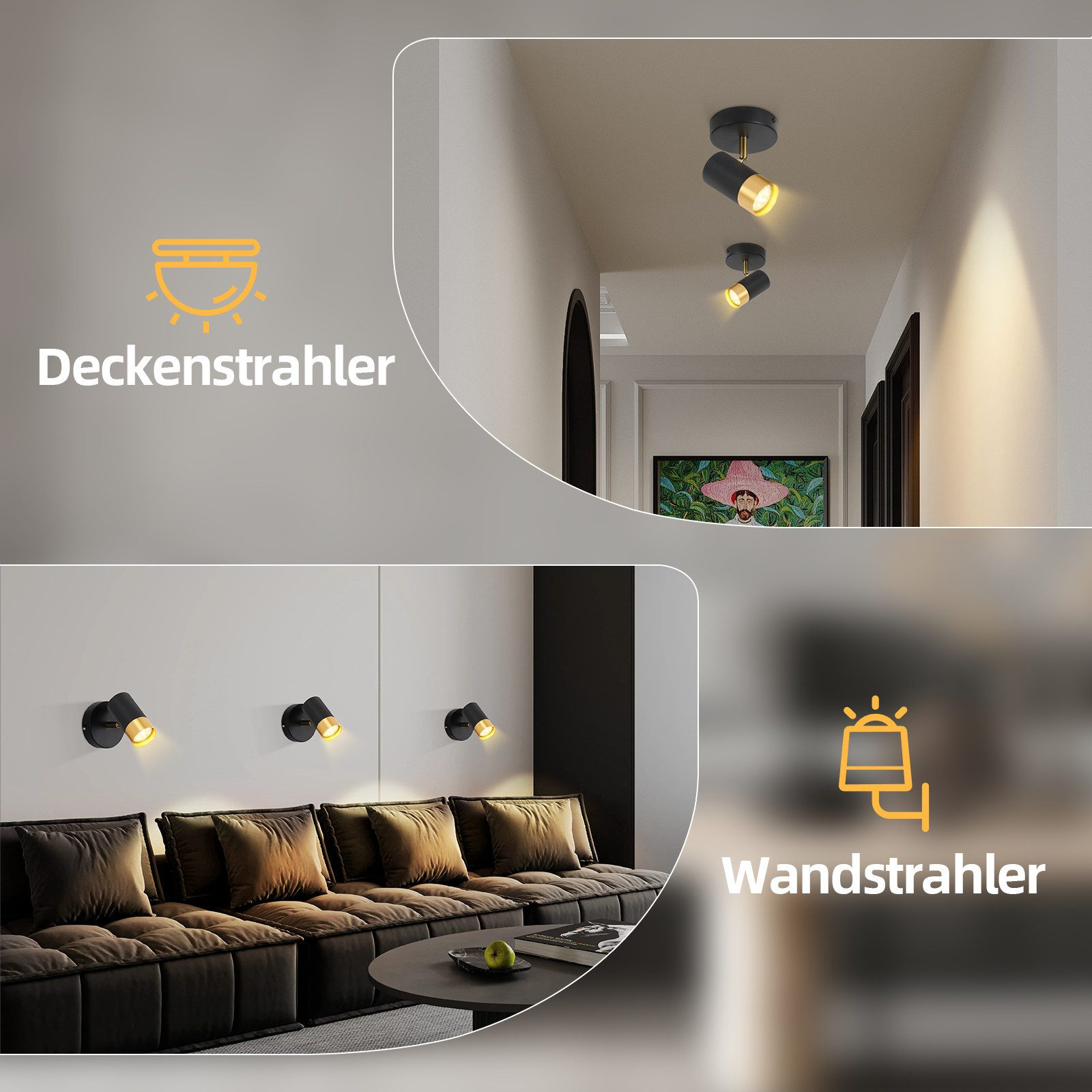 Corridoio con luci a soffitto e a parete. Il testo in tedesco descrive l'illuminazione.