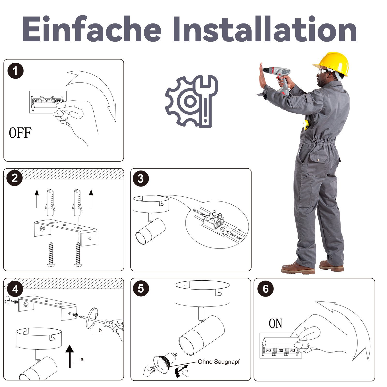 Un manuale di istruzioni che mostra come installare una lampada. Un operaio sta installando la lampada con un trapano.