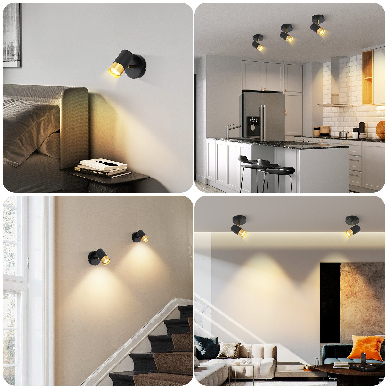 Quattro immagini di faretti neri, che illuminano pareti, scale e un soffitto.