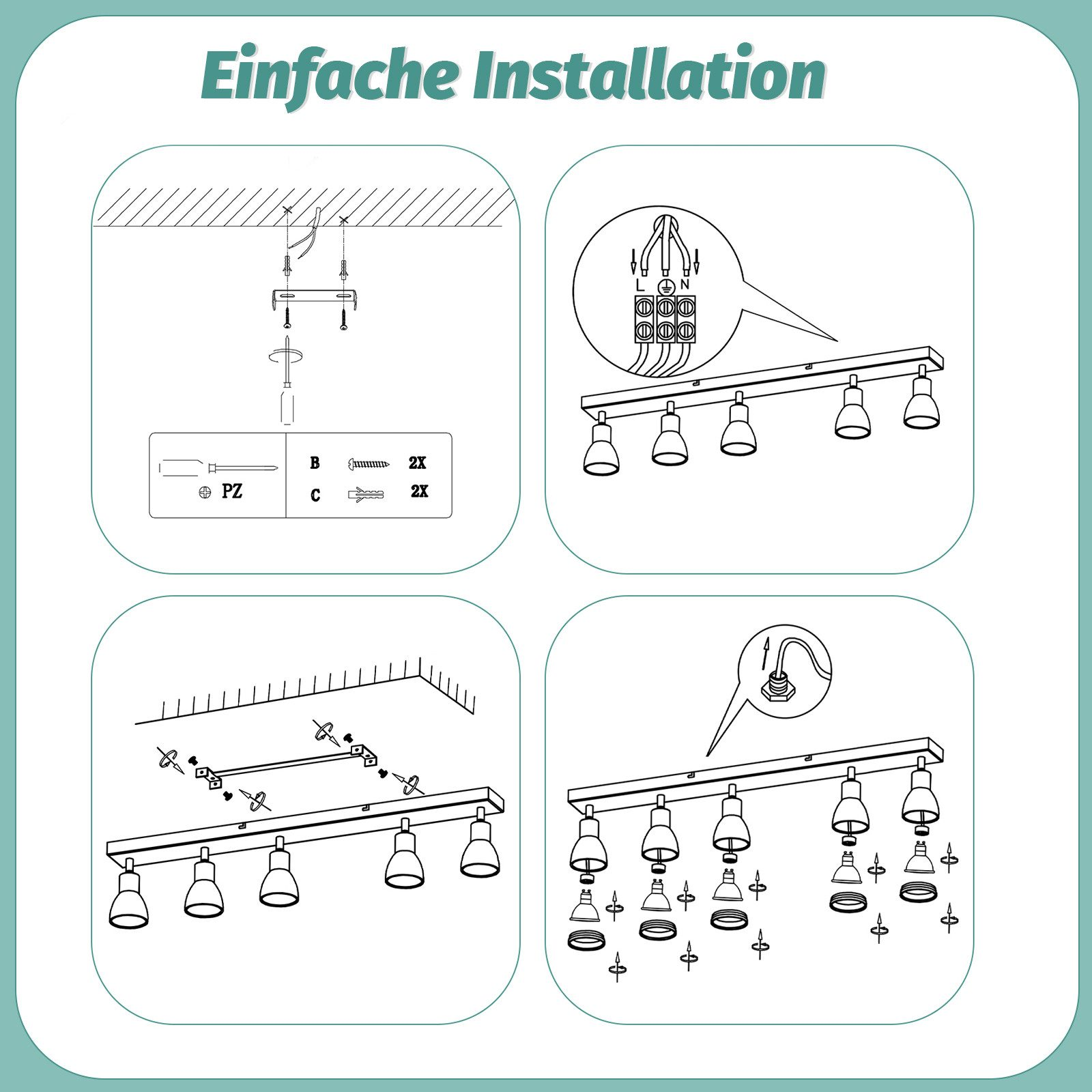 Quattro diagrammi mostrano i passaggi per l'installazione di un lampadario, con attrezzi e hardware.