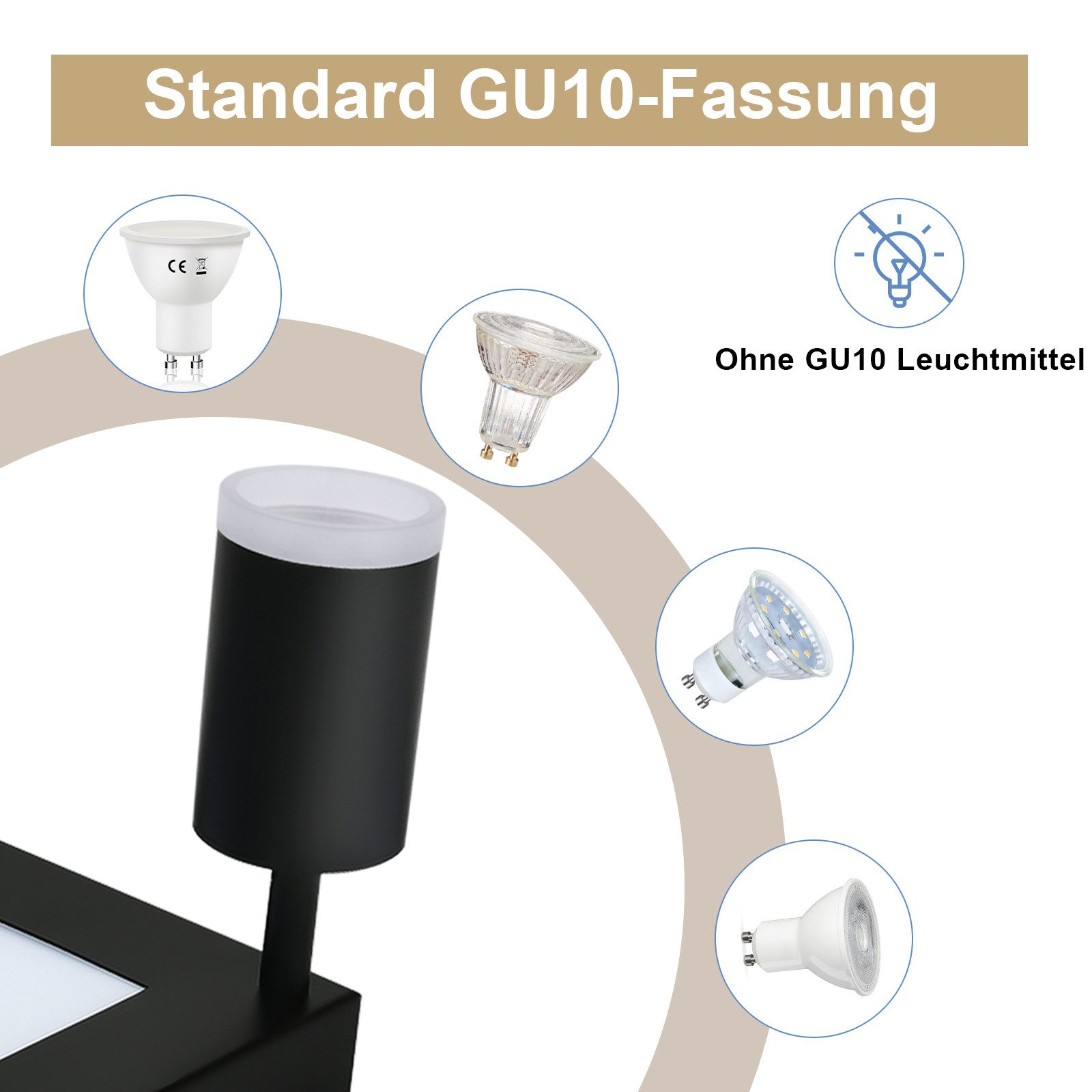Varie lampadine GU10 e un'apparecchio nero su sfondo bianco.