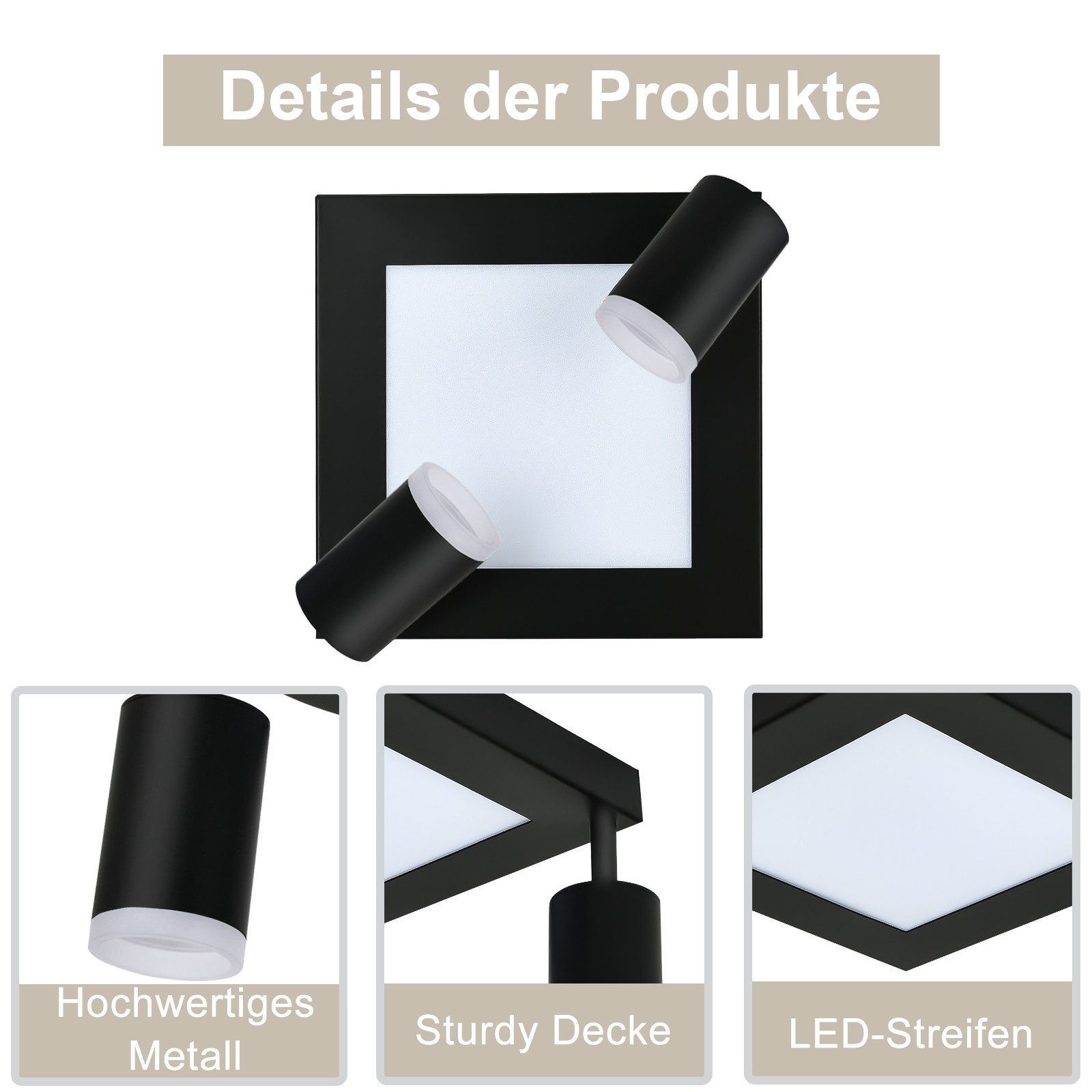 Apparecchio di illuminazione quadrato nero con due luci cilindriche e immagini dettagliate.