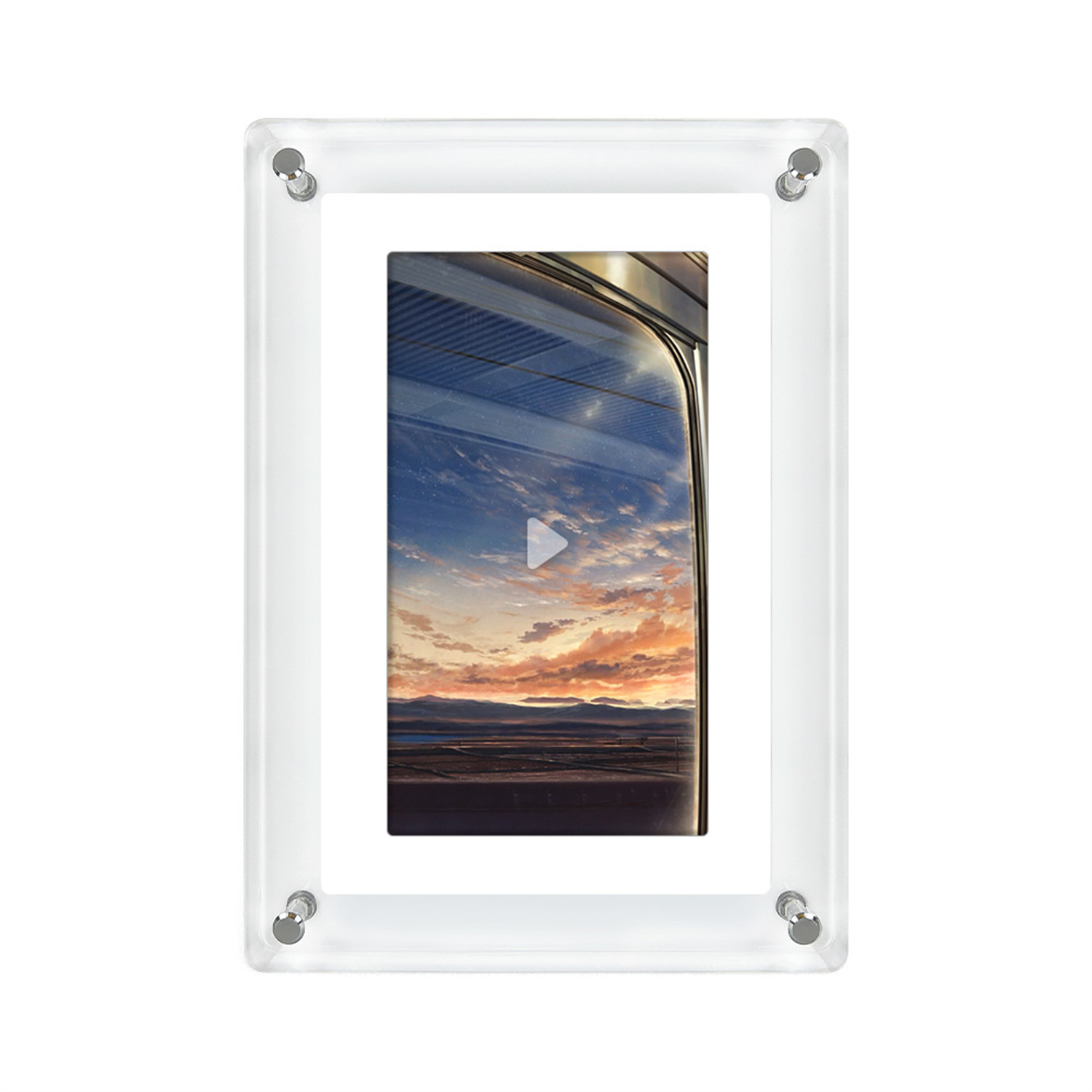 Acryl-Fotorahmen. Blick auf Himmel und Zugfenster, mit einem Play-Button in der Mitte.