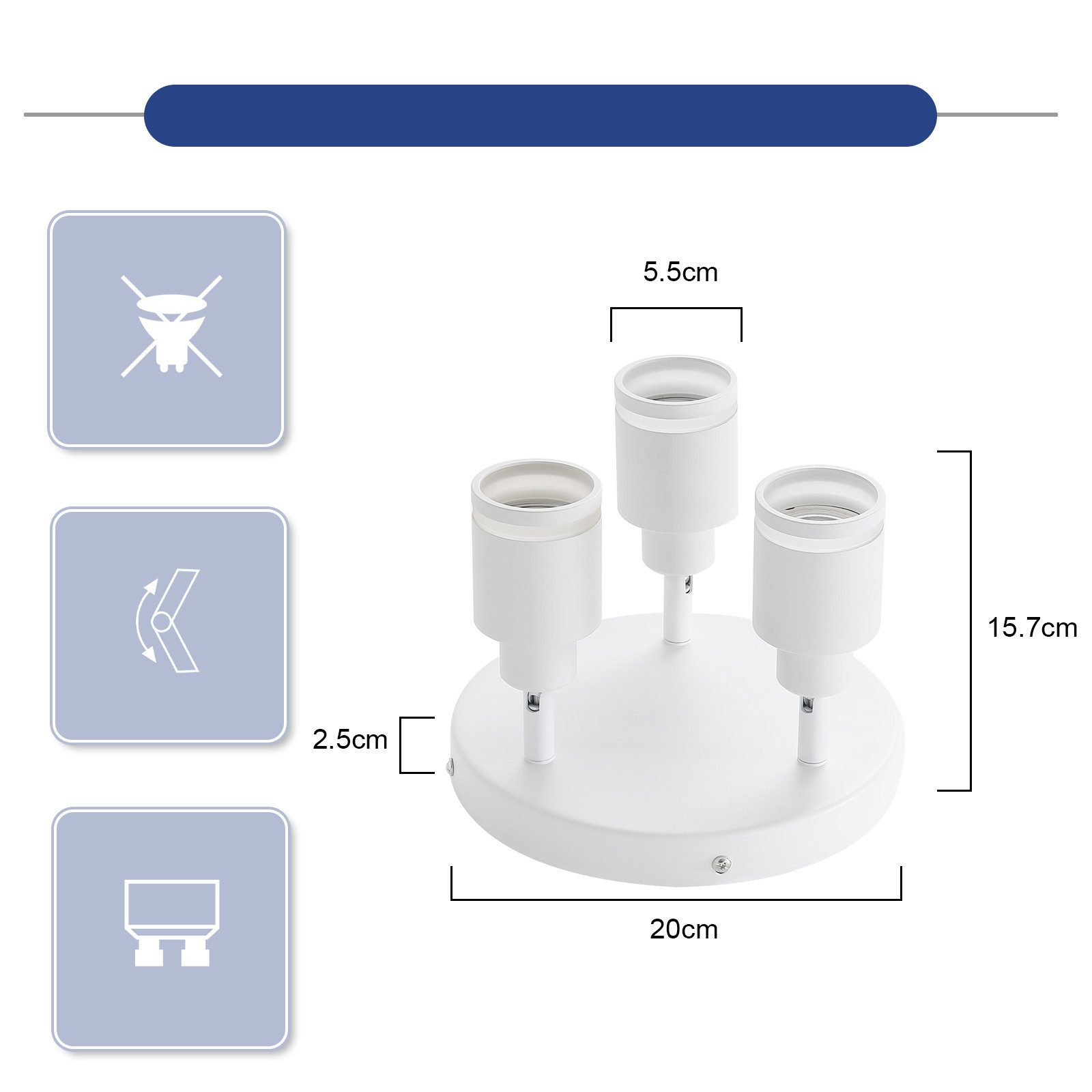 Lampada da soffitto bianca con tre portalampada, dimensioni indicate. Tre icone a sinistra.