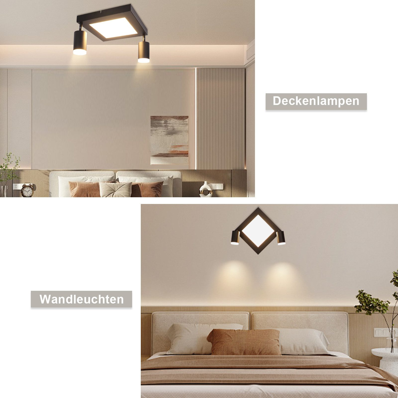 Interni moderni con luci a soffitto e parete, letto e arte murale. Sfondo bianco.