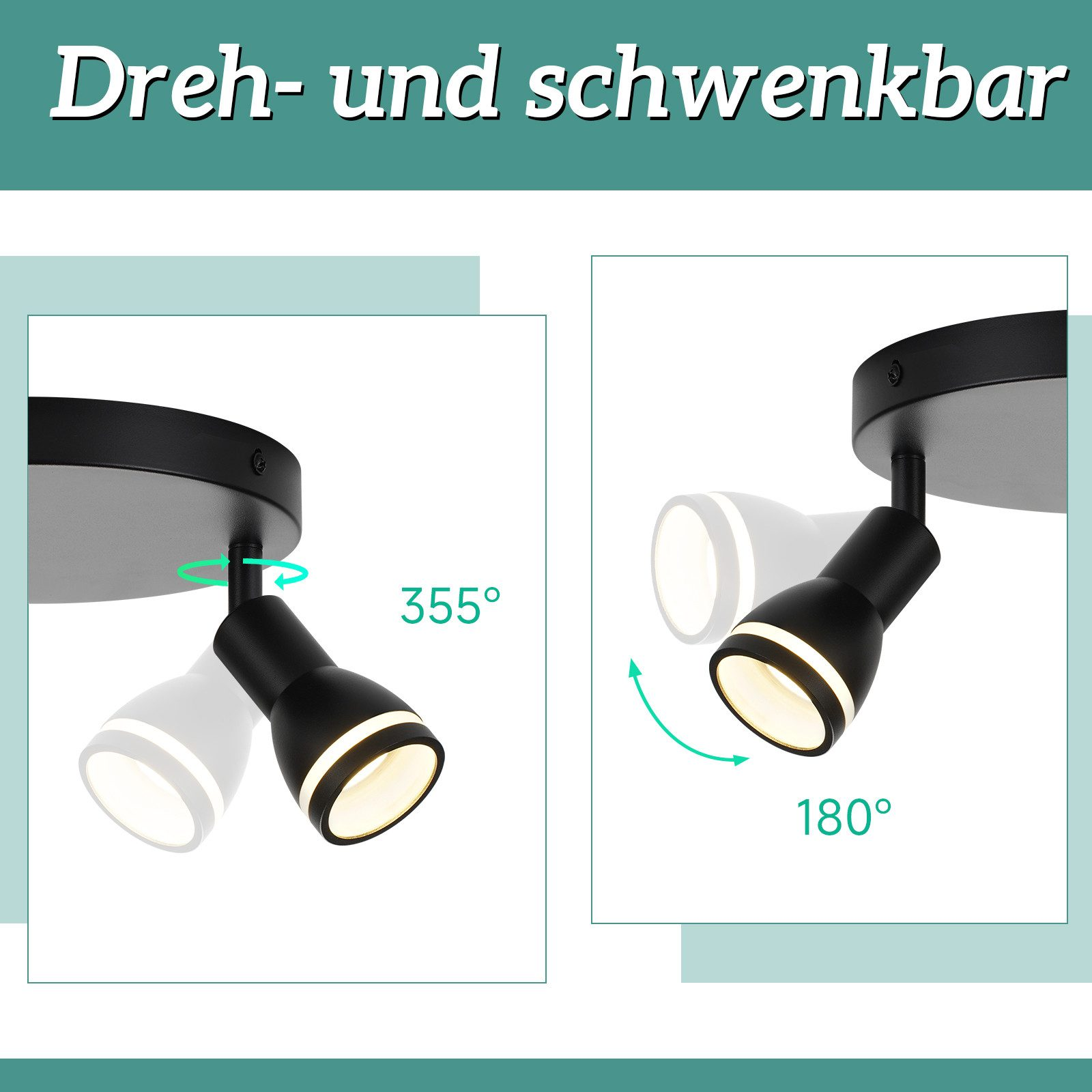 Due faretti neri, che mostrano i gradi di rotazione, con il testo 'Dreh-und schwenkbar'.