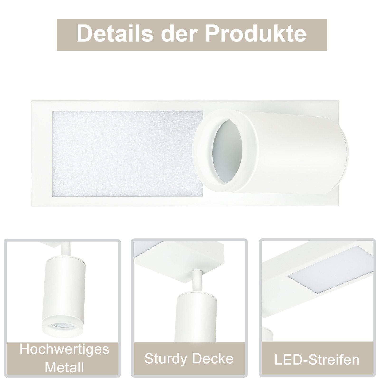 Apparecchio di illuminazione rettangolare bianco con tre sezioni dettagliate che mostrano metallo, ponte robusto e strisce LED.