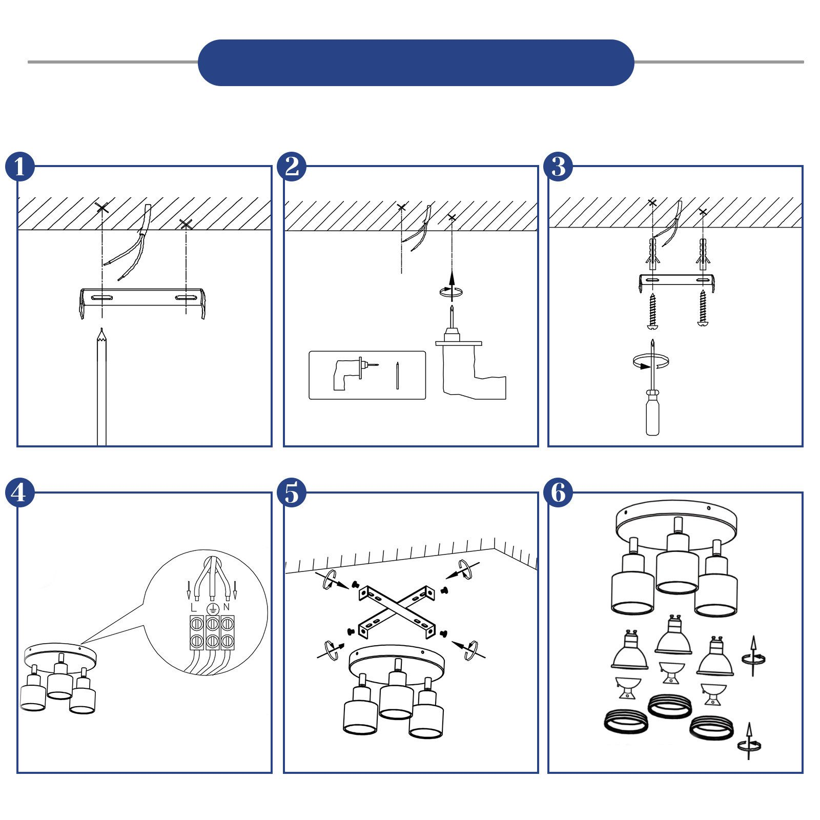 Diagramma con sei passaggi che mostrano come installare un'apparecchio di illuminazione su un soffitto bianco.