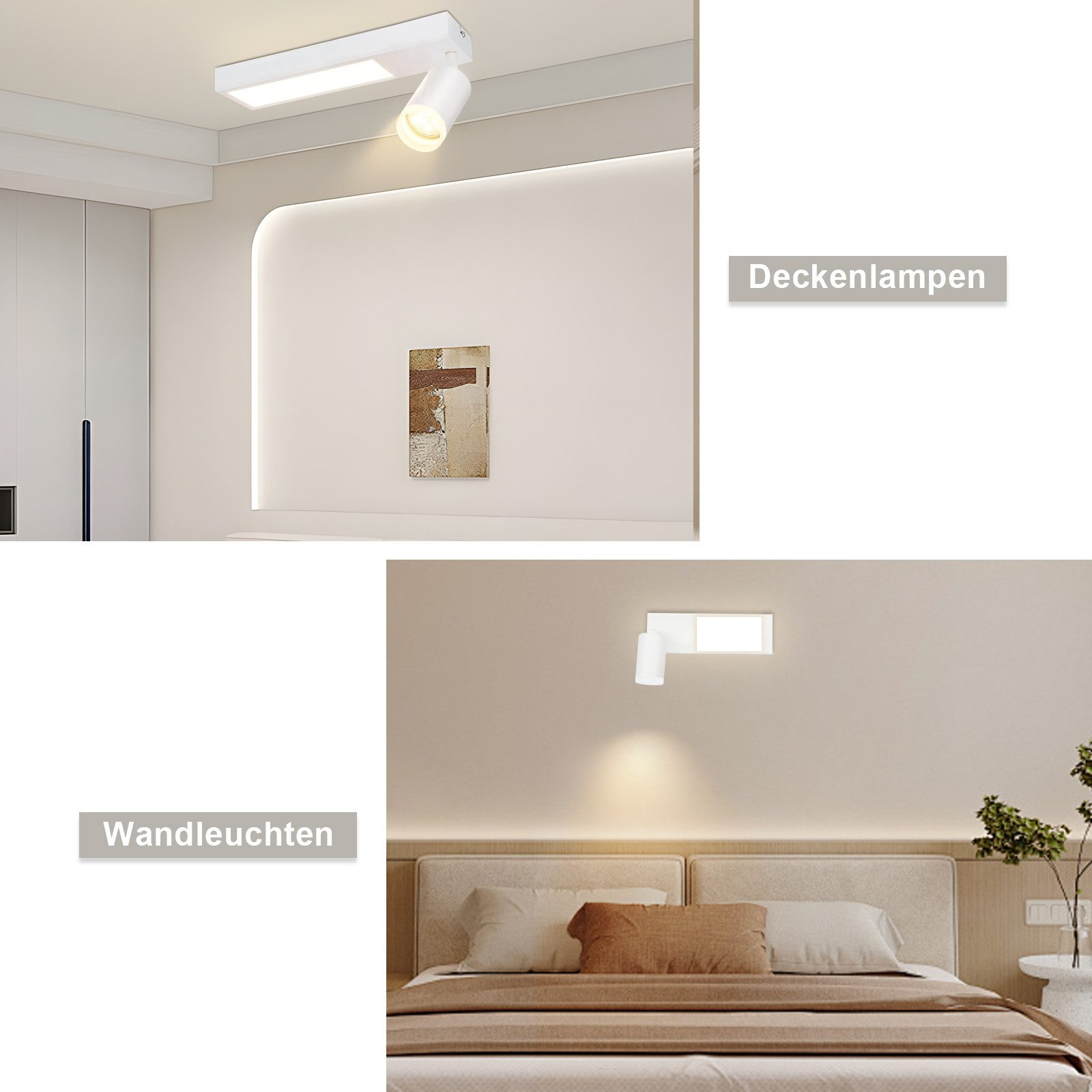 Immagini che mostrano luci a soffitto e a parete. Una è un faretto, l'altra una luce a parete sopra un letto.