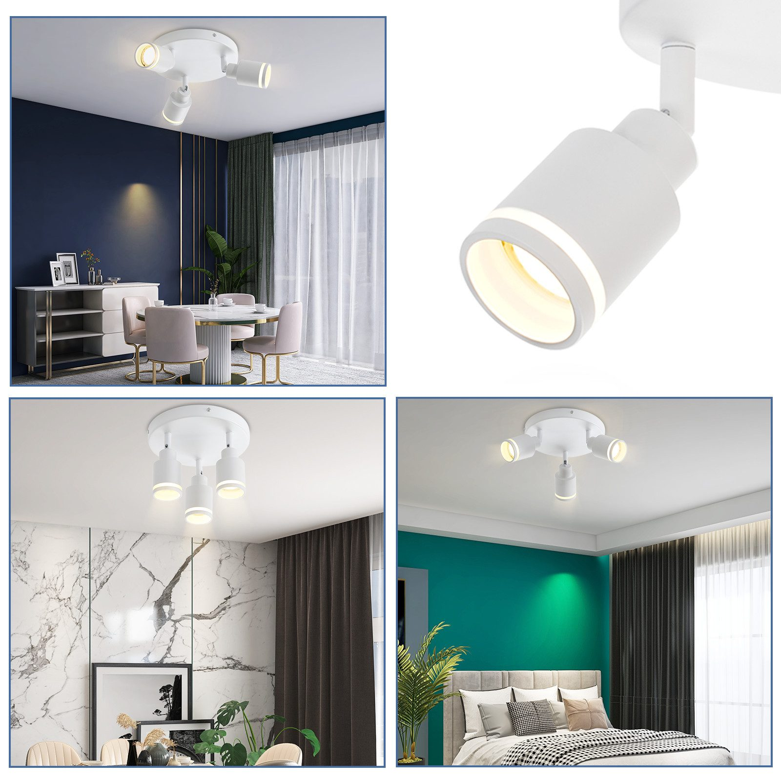 Quattro immagini di faretti da soffitto bianchi in una stanza. Sono in diverse ambientazioni, con diverse configurazioni e design.