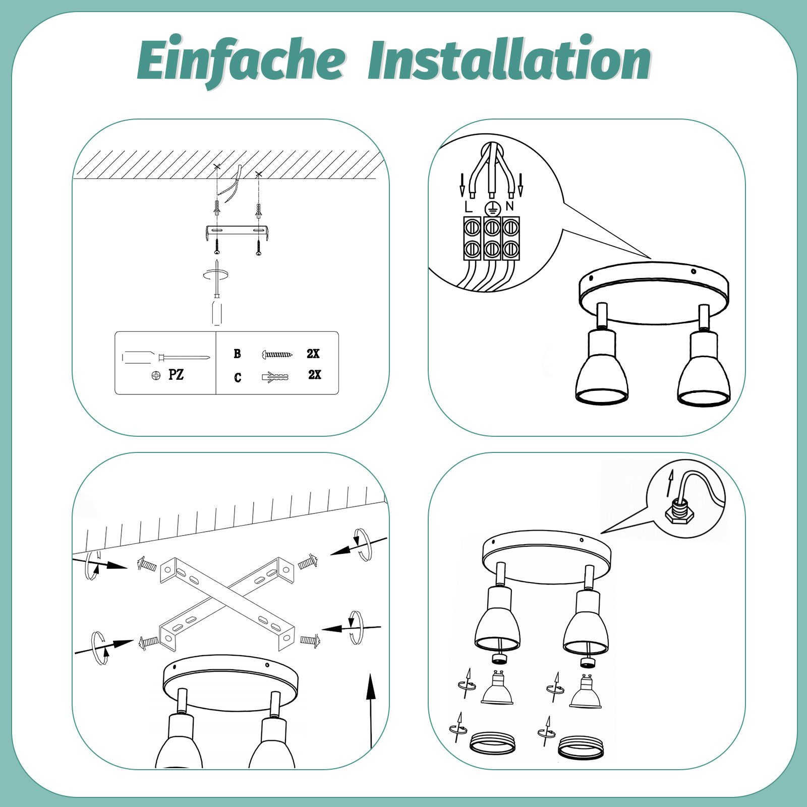 Istruzioni per l'installazione di una lampada da soffitto. Mostra diagrammi e passaggi per l'installazione.