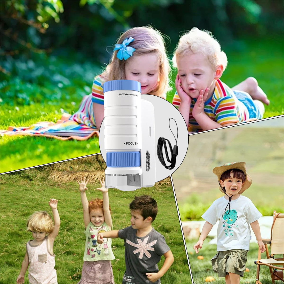 Kinder, die im Freien ein Mikroskop benutzen. Zwei Kinder betrachten ein Mikroskop. Andere Kinder spielen auf einem Feld.