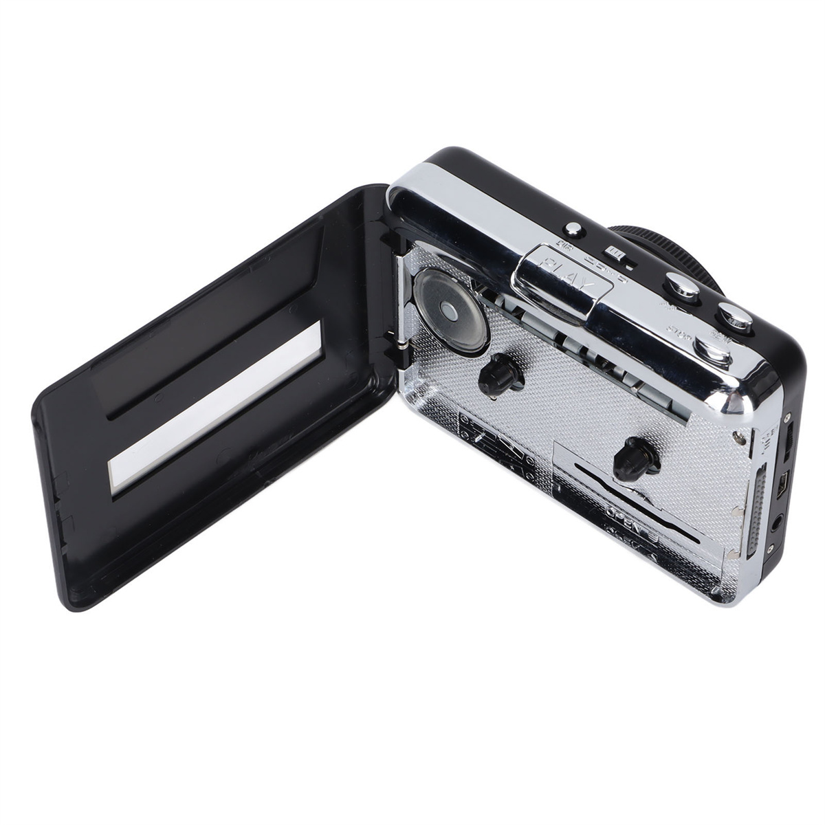 Schwarzer und silberner Retro-Kassettenplayer mit offenem Deckel.