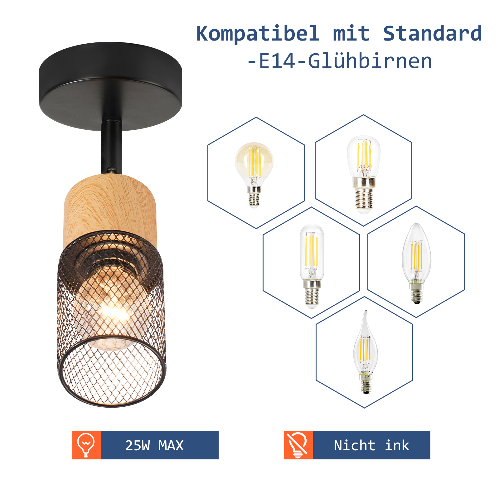 Lampada da soffitto con legno e metallo, varie lampadine e testo.