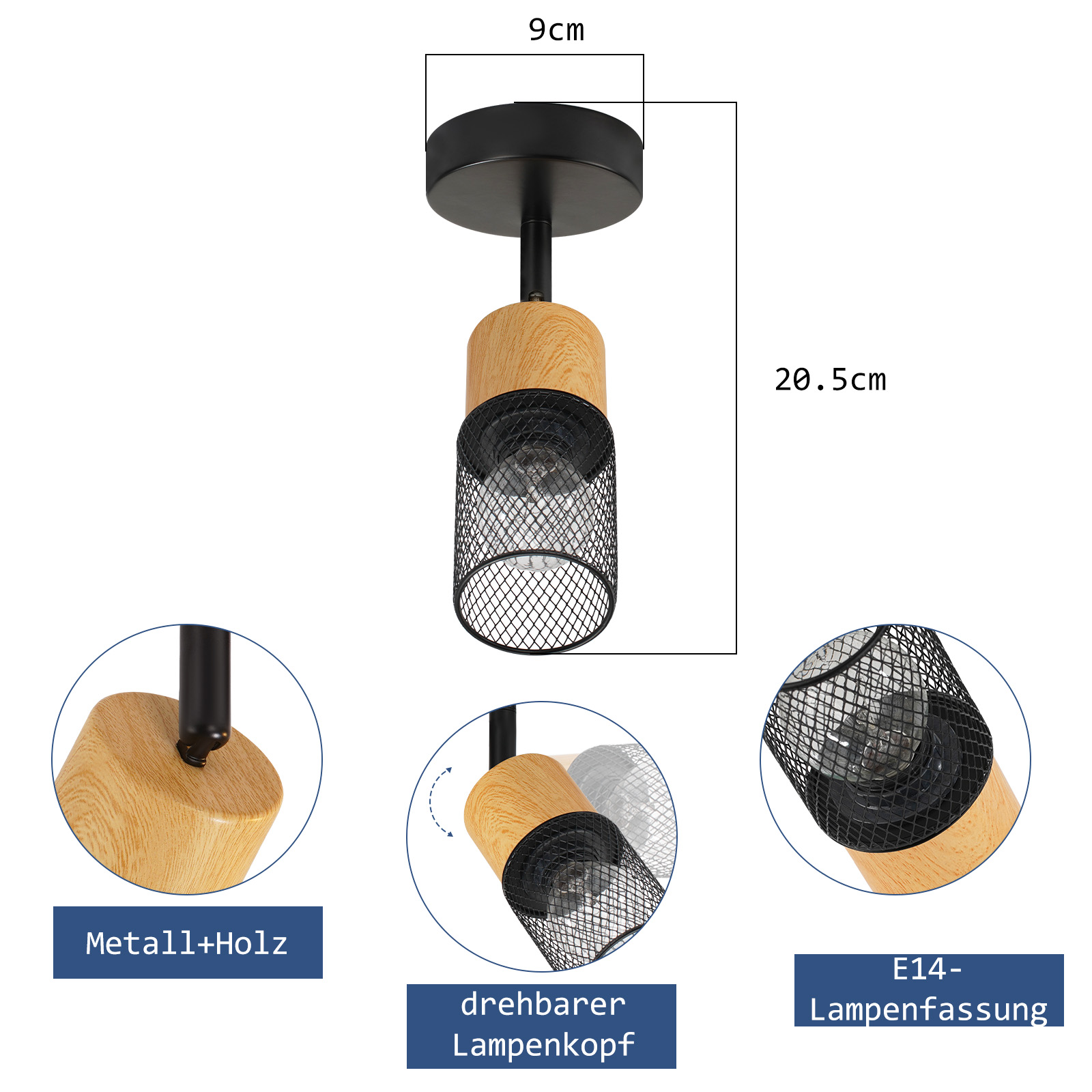Un apparecchio di illuminazione a soffitto nero e in legno, con dimensioni visualizzate, su sfondo bianco.
