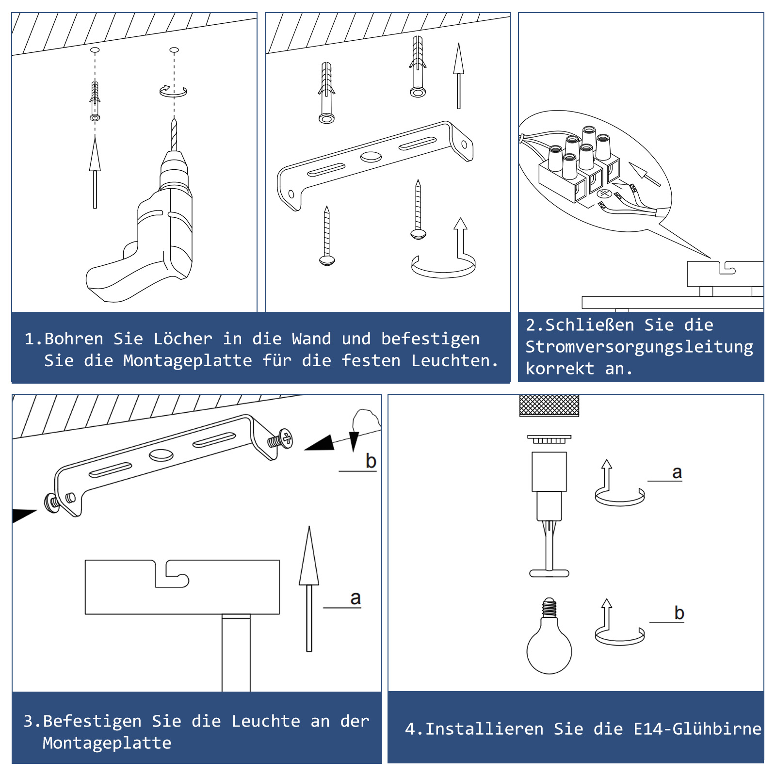 Fasi di installazione per luci a soffitto. Illustrazioni con testo in tedesco.