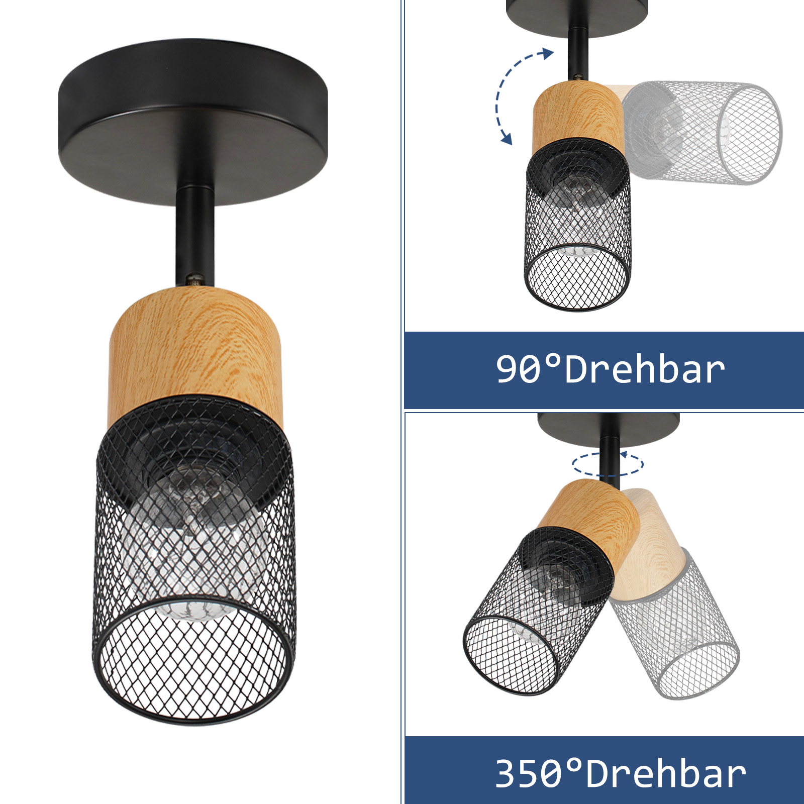Una lampada da soffitto nera e con texture di legno con un paralume regolabile, vengono mostrate diverse angolazioni.