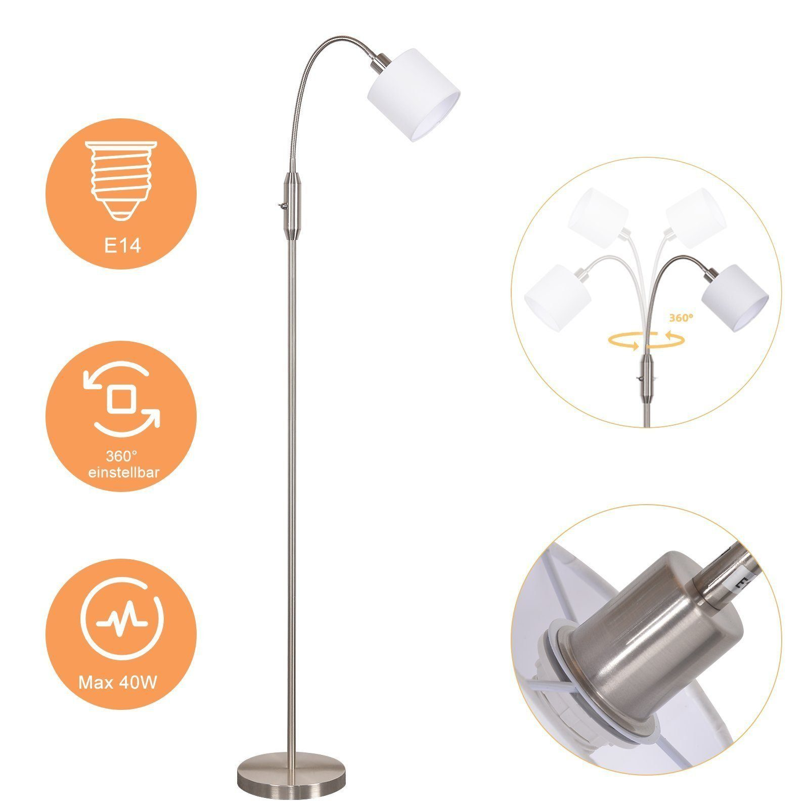 Eine silberne Stehlampe mit weißem Lampenschirm auf weißem Hintergrund mit kreisförmigen Symbolen und Text.