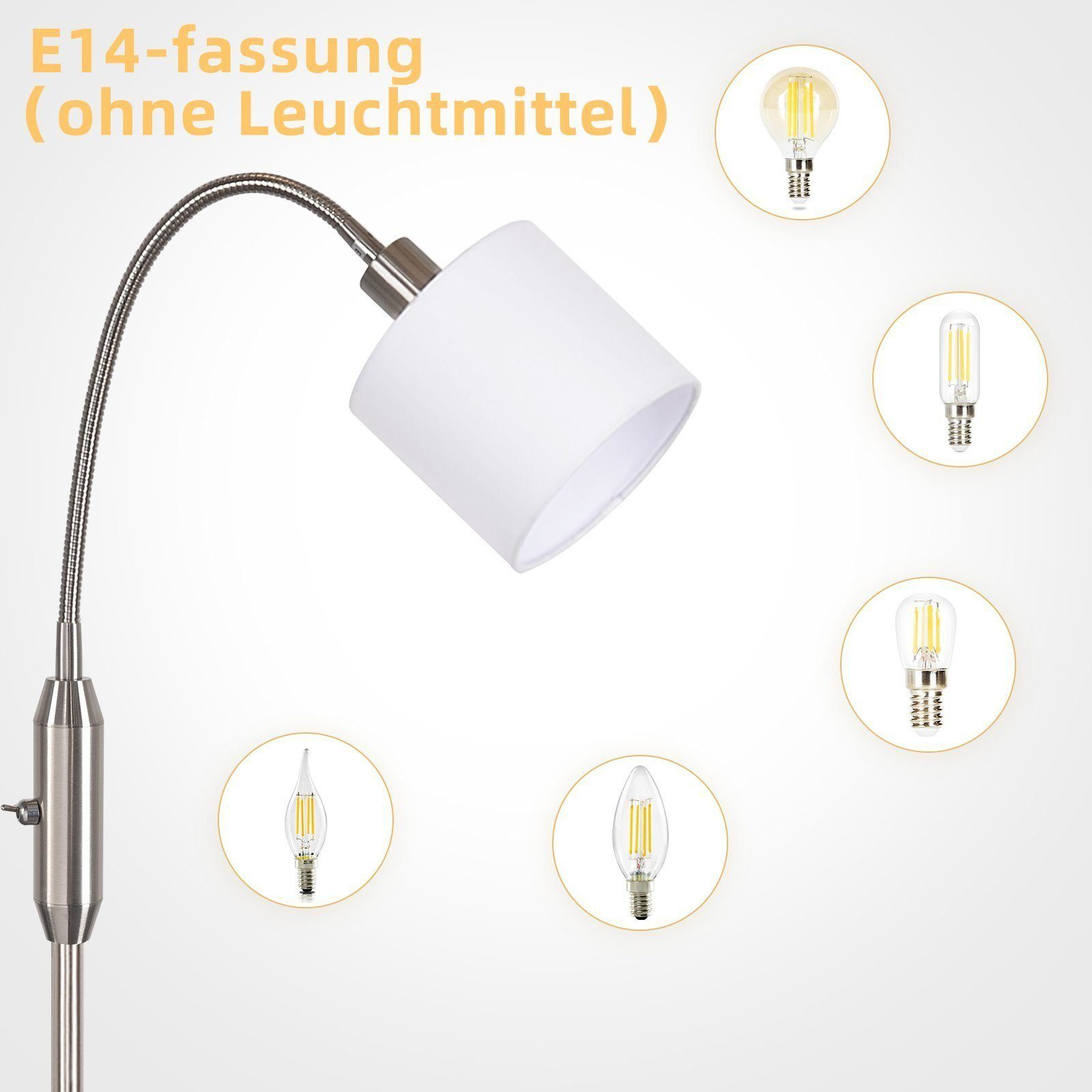 Eine weiße Lampe mit flexiblem Arm und Lampenschirm, mit verschiedenen Glühbirnen.