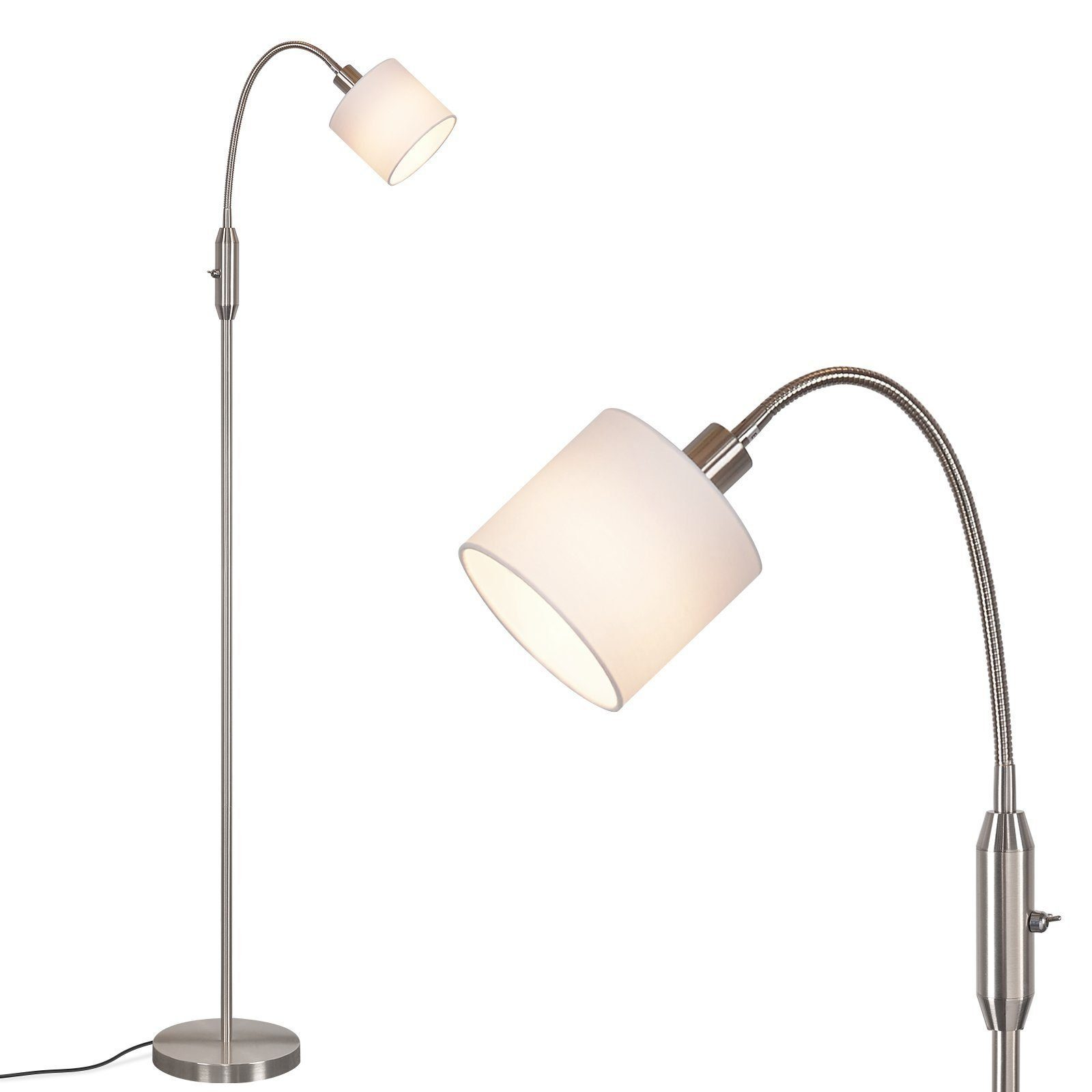 Stehlampe mit weißem Schirm und silbernem Stiel, zwei Ansichten auf weißem Grund.