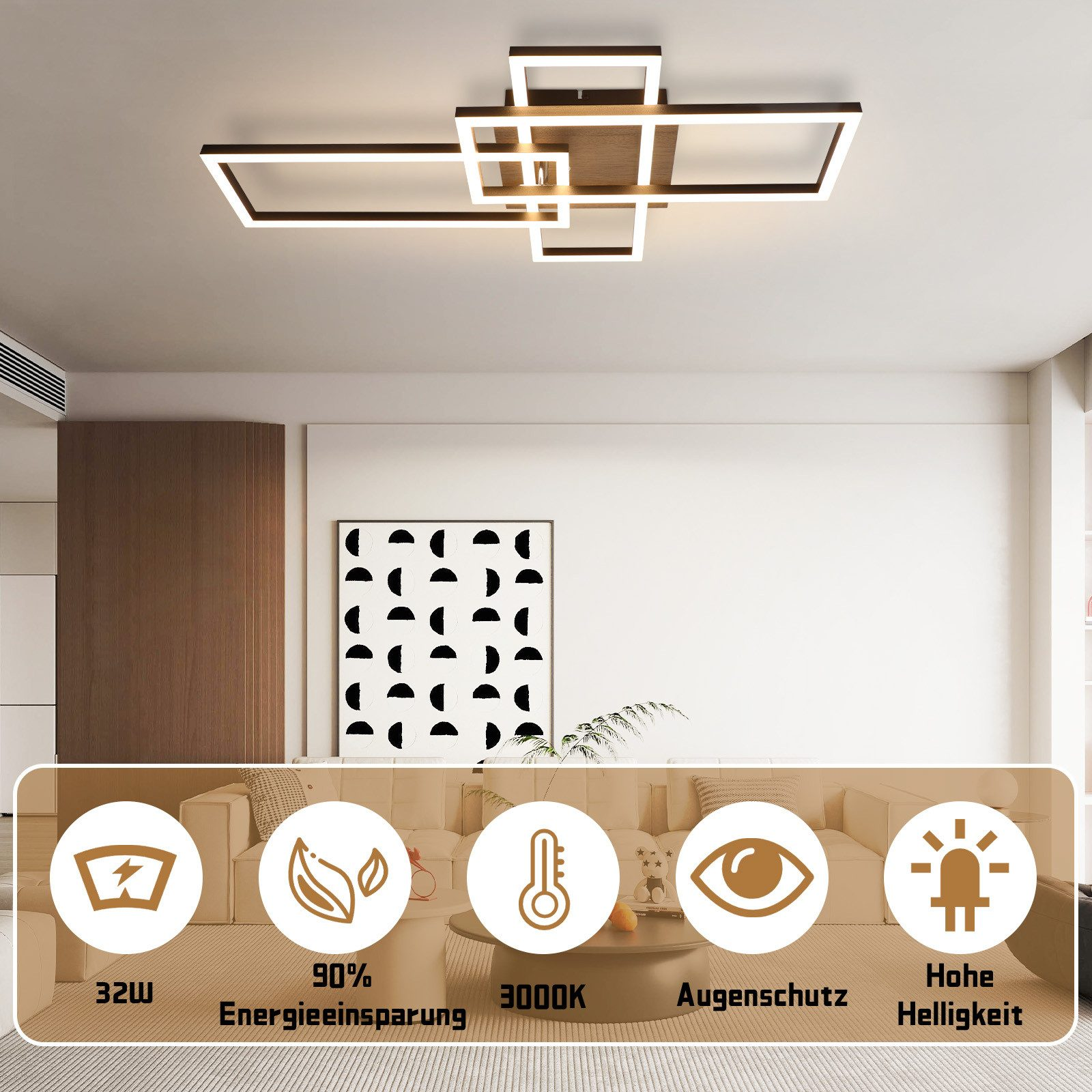 Lampade da soffitto moderne con icone: 32W, 90% di risparmio energetico, 3000K, protezione degli occhi e alta luminosità.