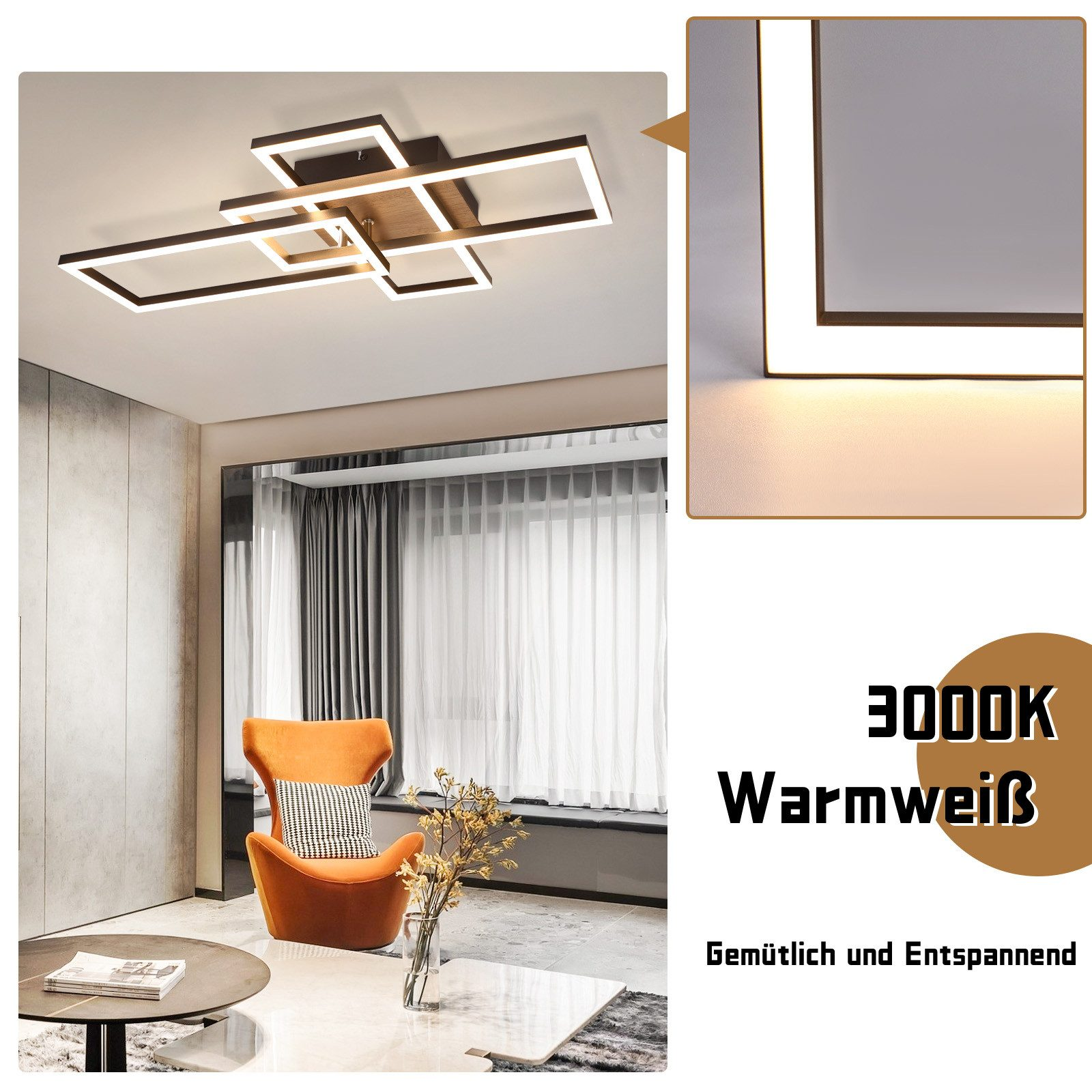 Una moderna lampada da soffitto con forme rettangolari e una poltrona arancione nella stanza.