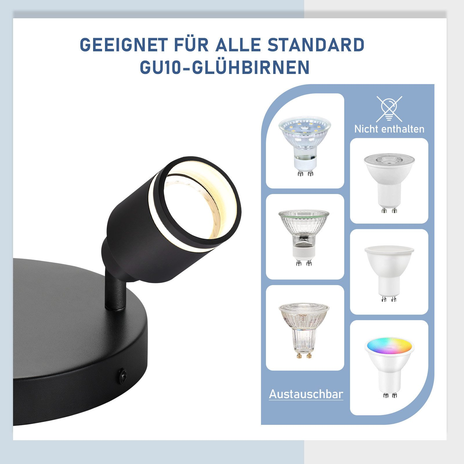 Un faretto nero con una lampadina GU10, insieme a esempi di lampadine compatibili e testo.
