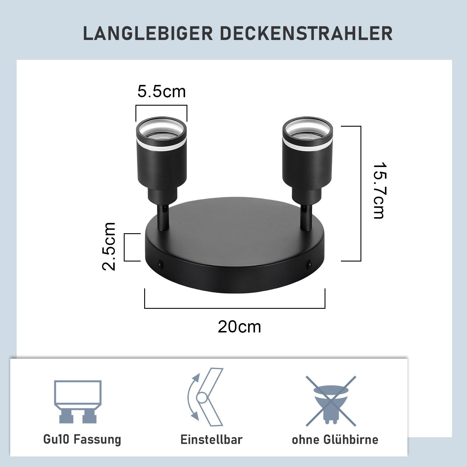 Un apparecchio per illuminazione a soffitto nero con dimensioni e icone che rappresentano le funzioni.