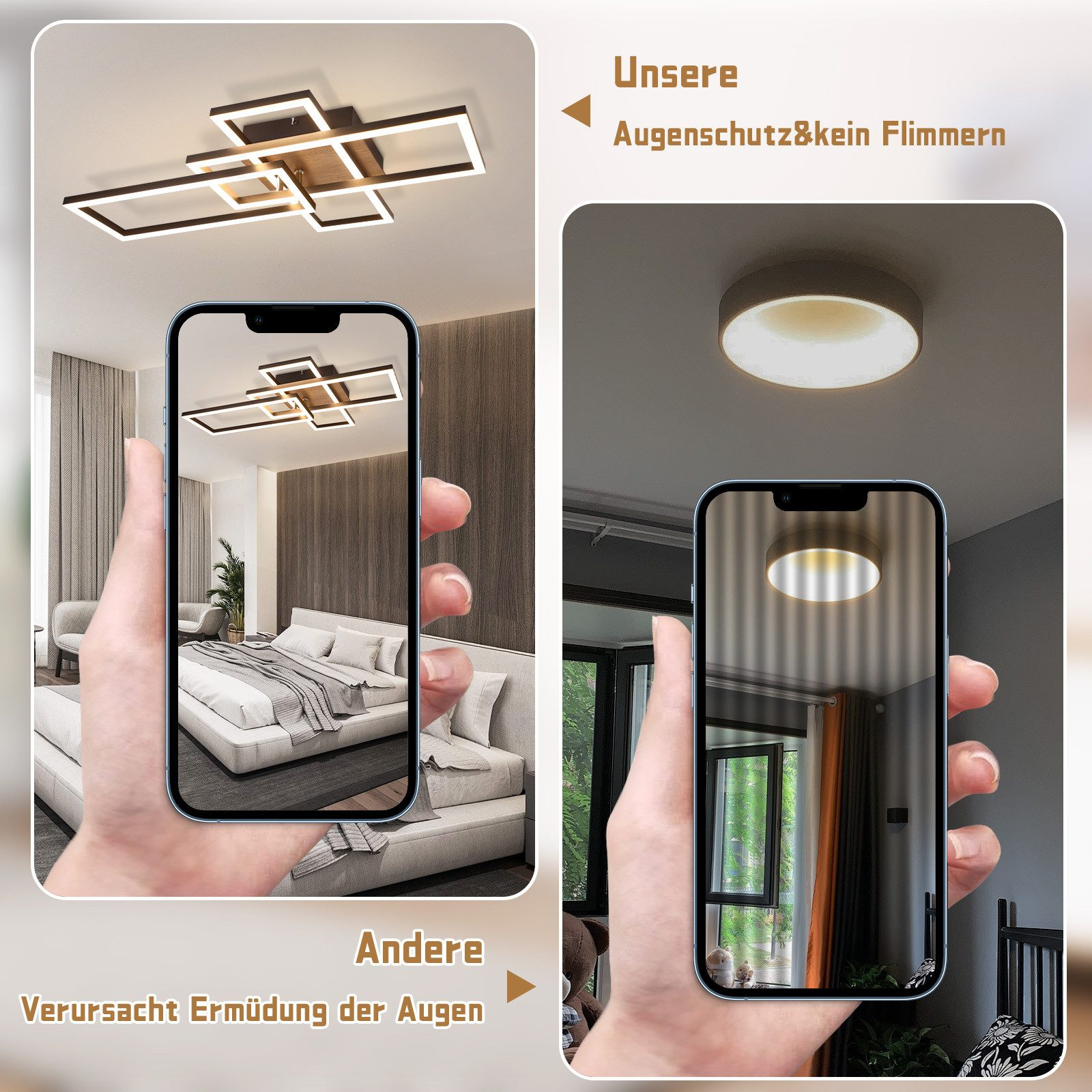 Immagine divisa che mostra due luci, una sul telefono e una sul soffitto.