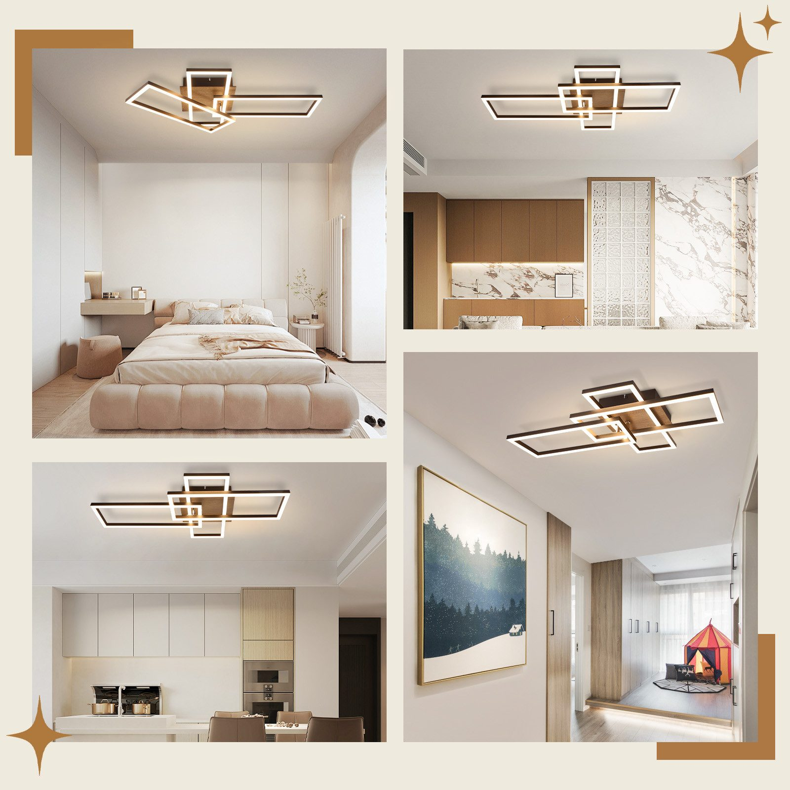 Kolaż nowoczesnych lamp sufitowych w różnych pomieszczeniach, prezentujący eleganckie wzory i różne otoczenia.