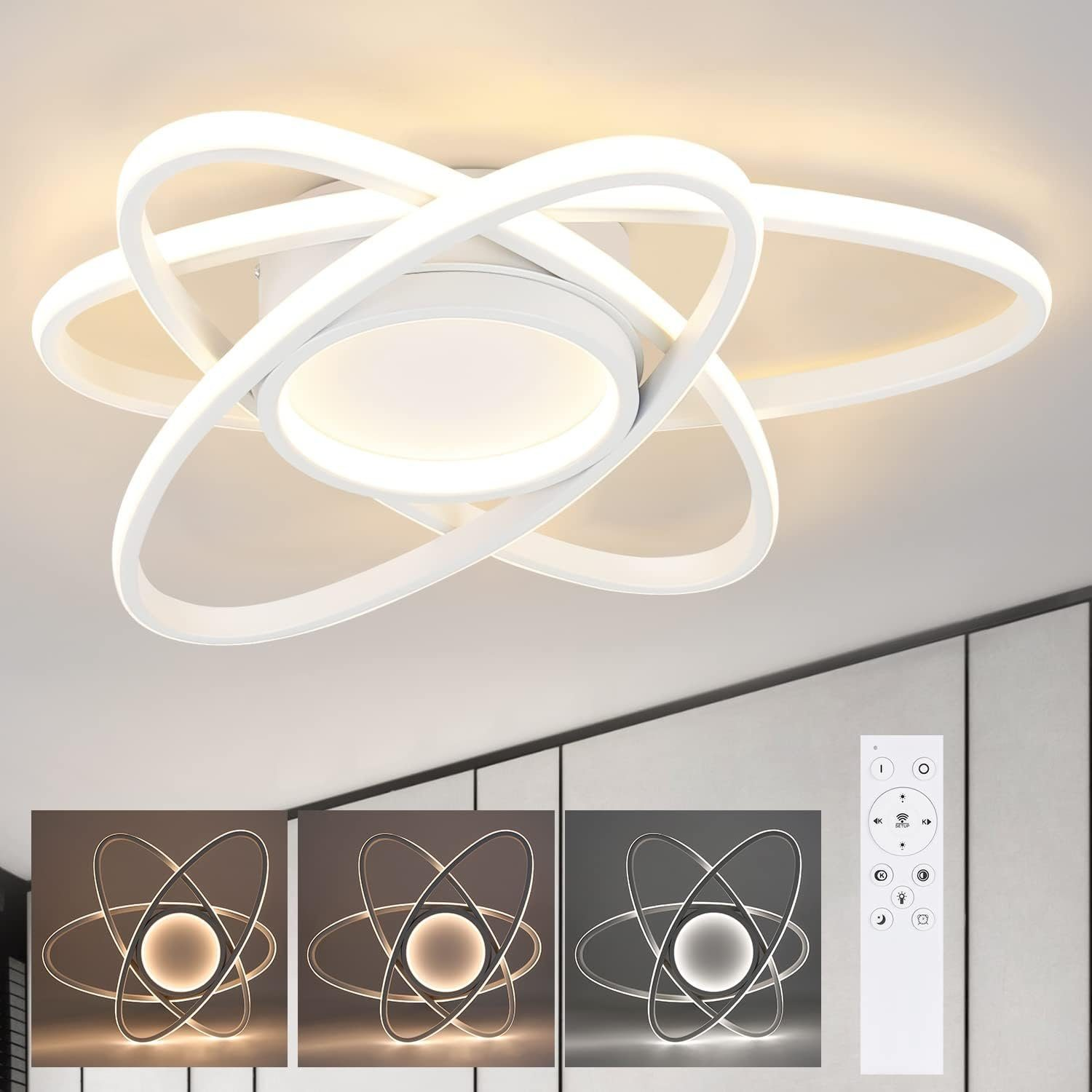 Luce da soffitto bianca con un design unico e tre display luminosi più piccoli. Viene mostrato un telecomando.