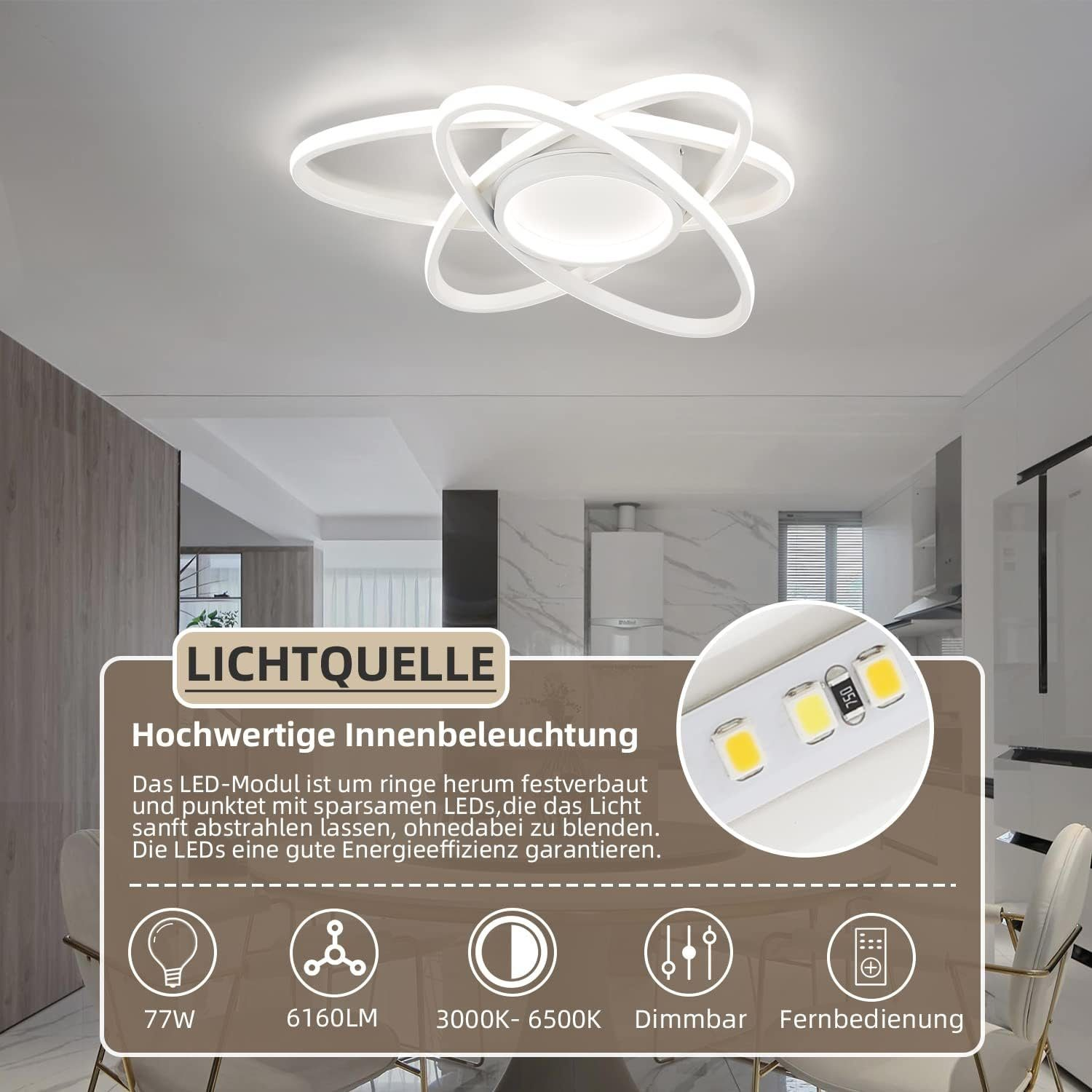 Lampada da soffitto bianca con design circolare, in un ambiente cucina moderno.