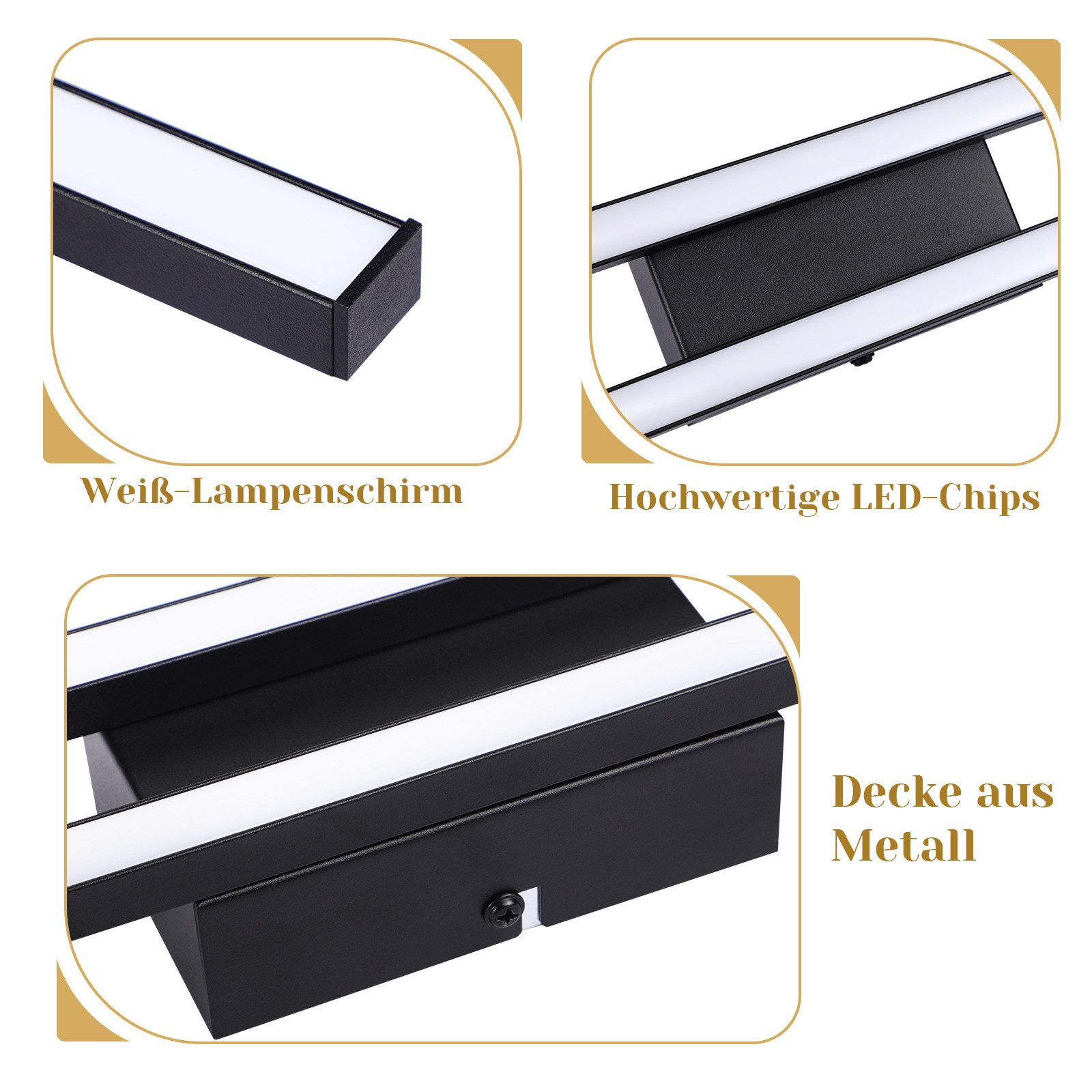 Primi piani di un apparecchio di illuminazione in metallo nero con strisce LED bianche.