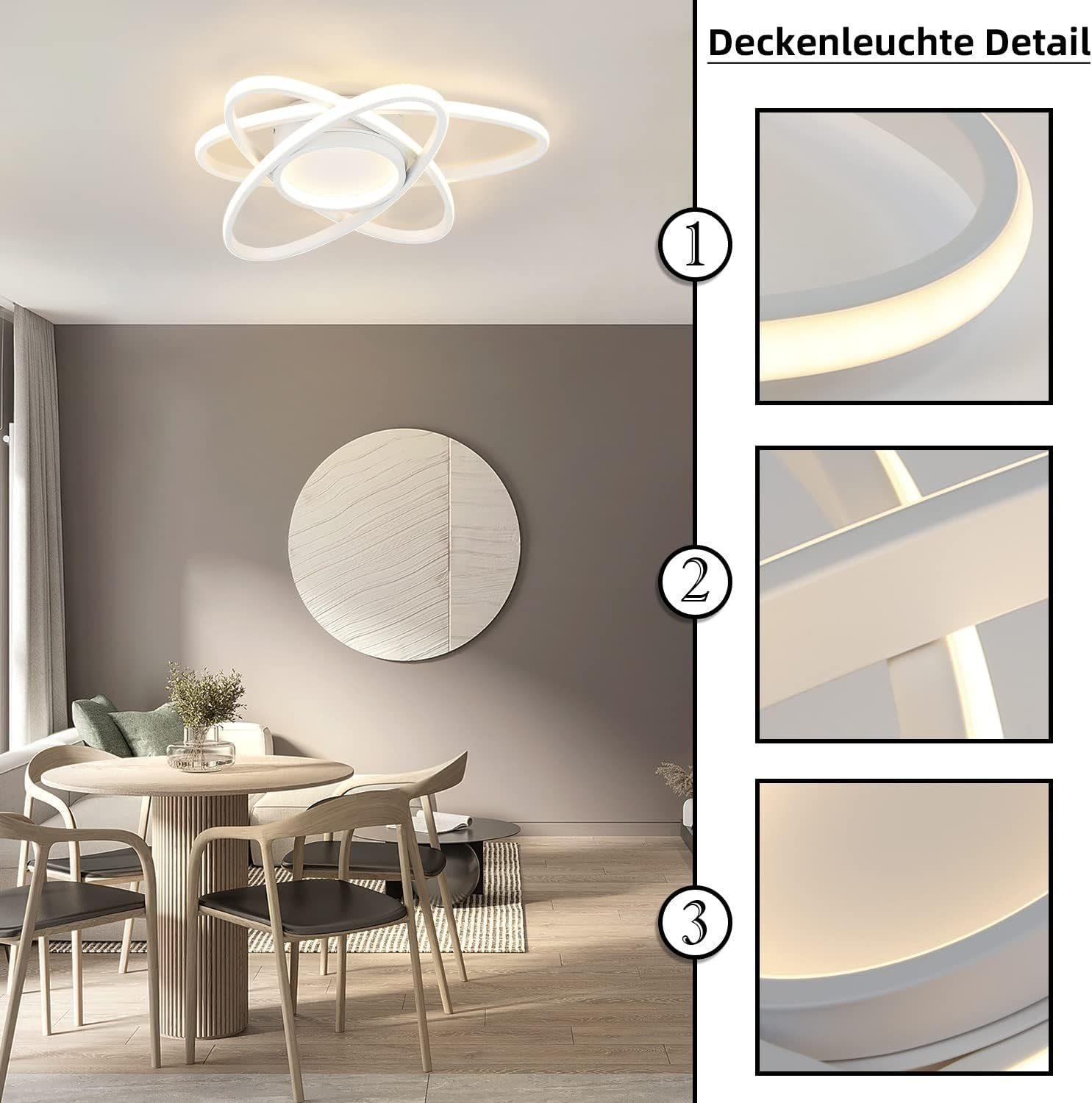 Moderna plafoniera bianca con tre design circolari. Dettagli della luce in primo piano.