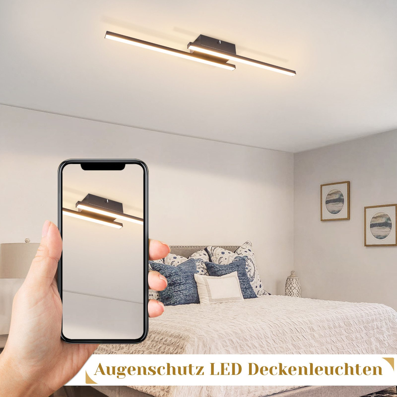 Schermo di smartphone che mostra una lampada da soffitto, in una camera da letto.