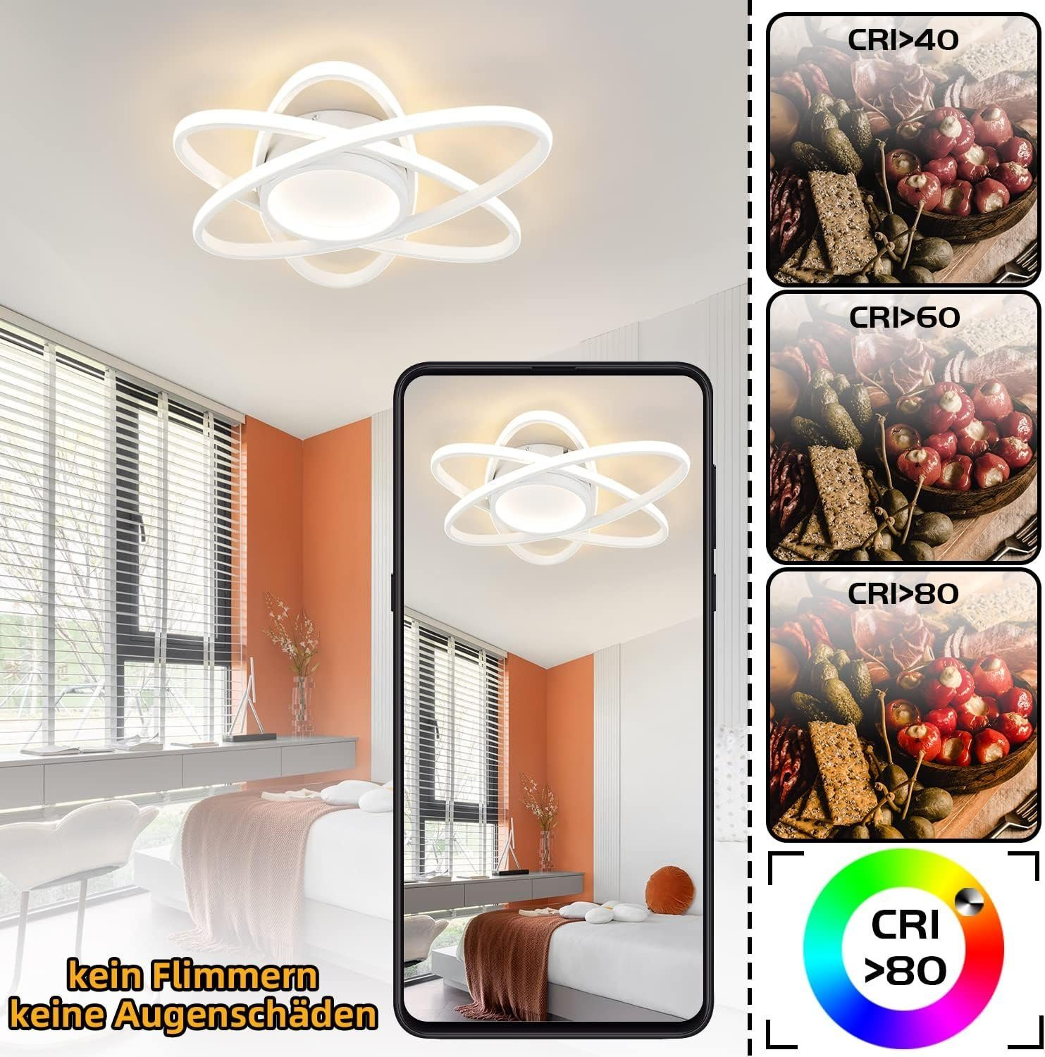 Lampada da soffitto moderna con tre anelli. Colore bianco, che mostra la qualità della luce.