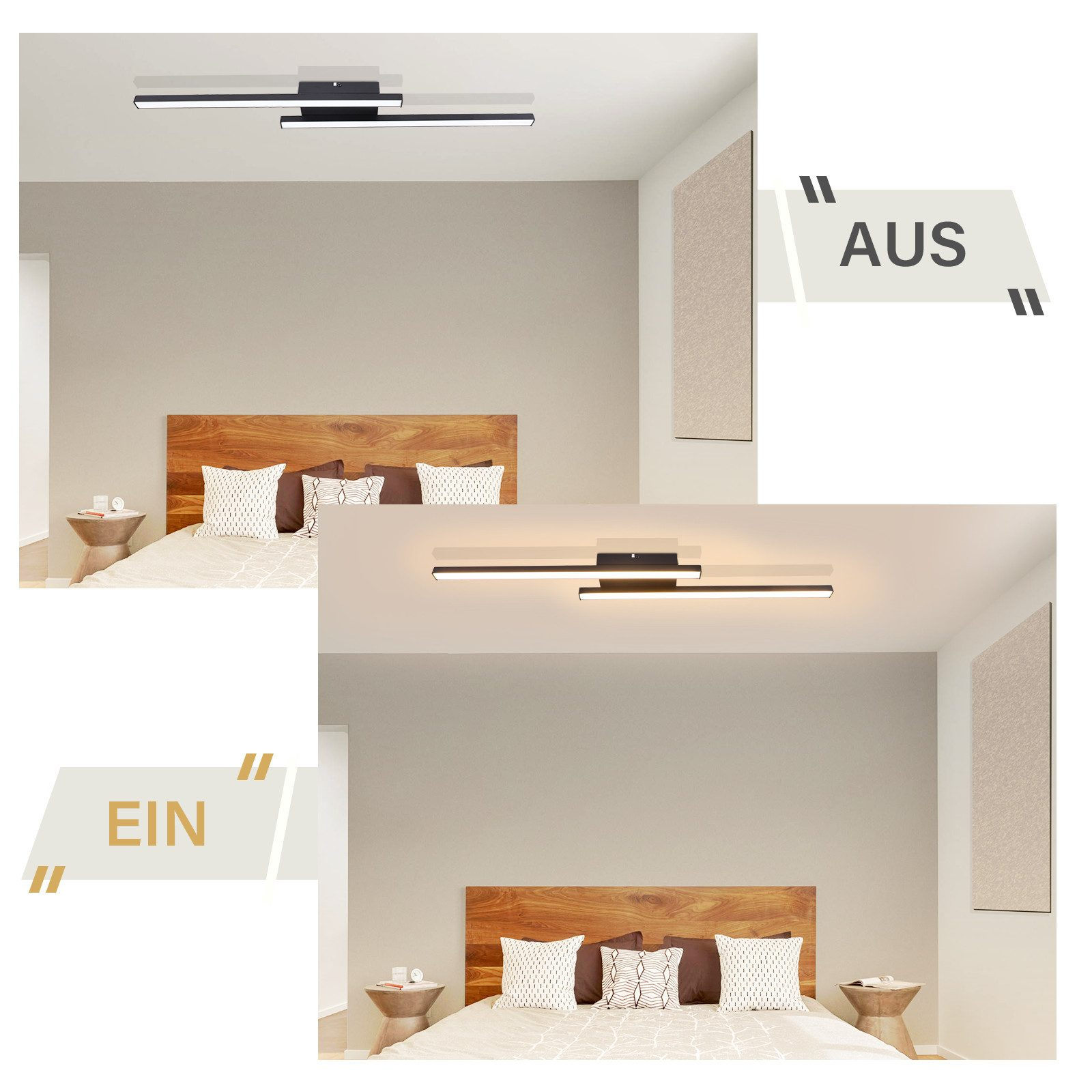 Due immagini di un moderno apparecchio di illuminazione a soffitto sopra un letto. Uno acceso, l'altro spento.