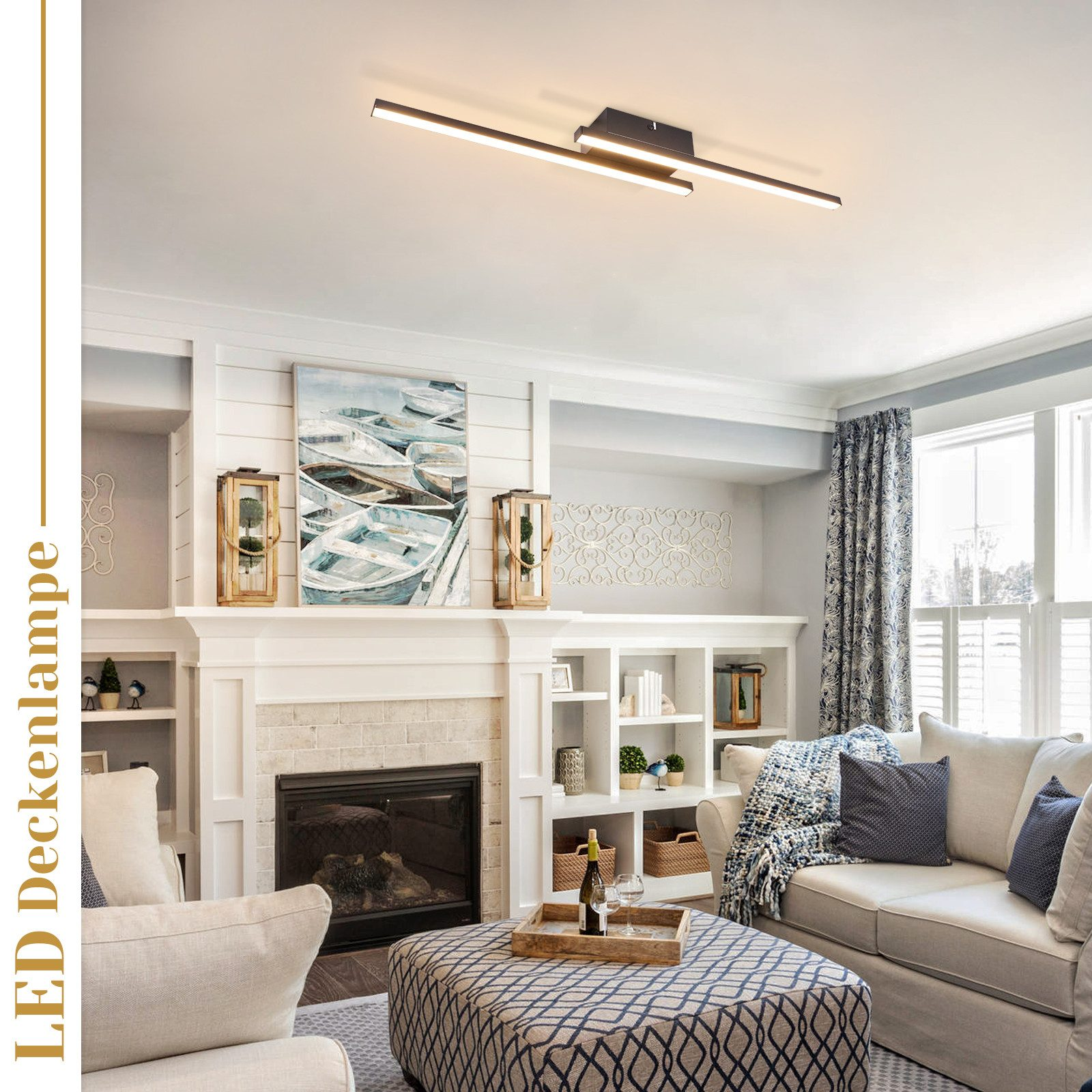 Un soggiorno con una moderna lampada da soffitto LED lineare sopra l'area salotto.