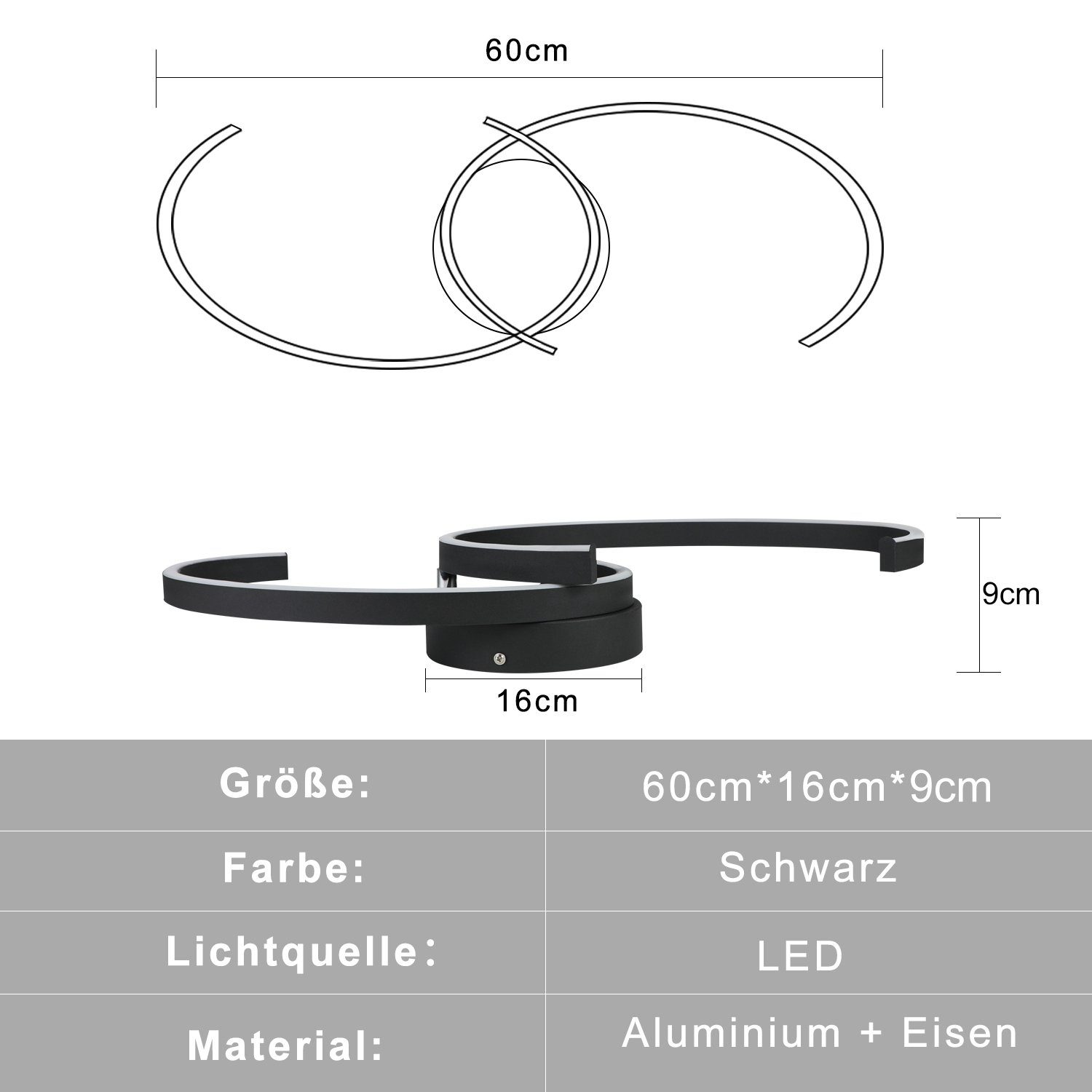 Schwarze und weiße Deckenleuchte. Abmessungen und Materialien sind unter dem Bild aufgeführt.