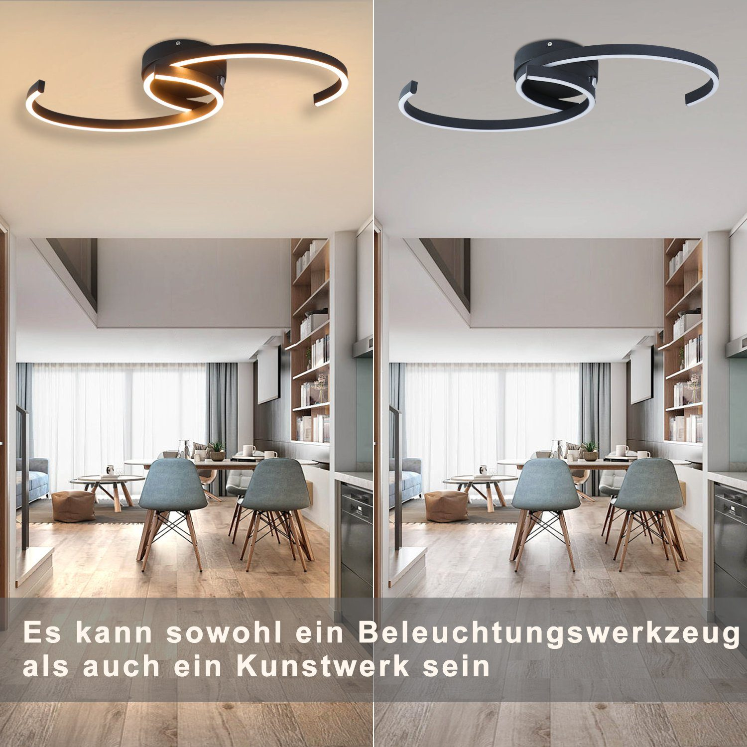 Nowoczesna lampa sufitowa z dwoma spiralnymi ramionami. Pokój z krzesłami, stołem i drewnianą podłogą.
