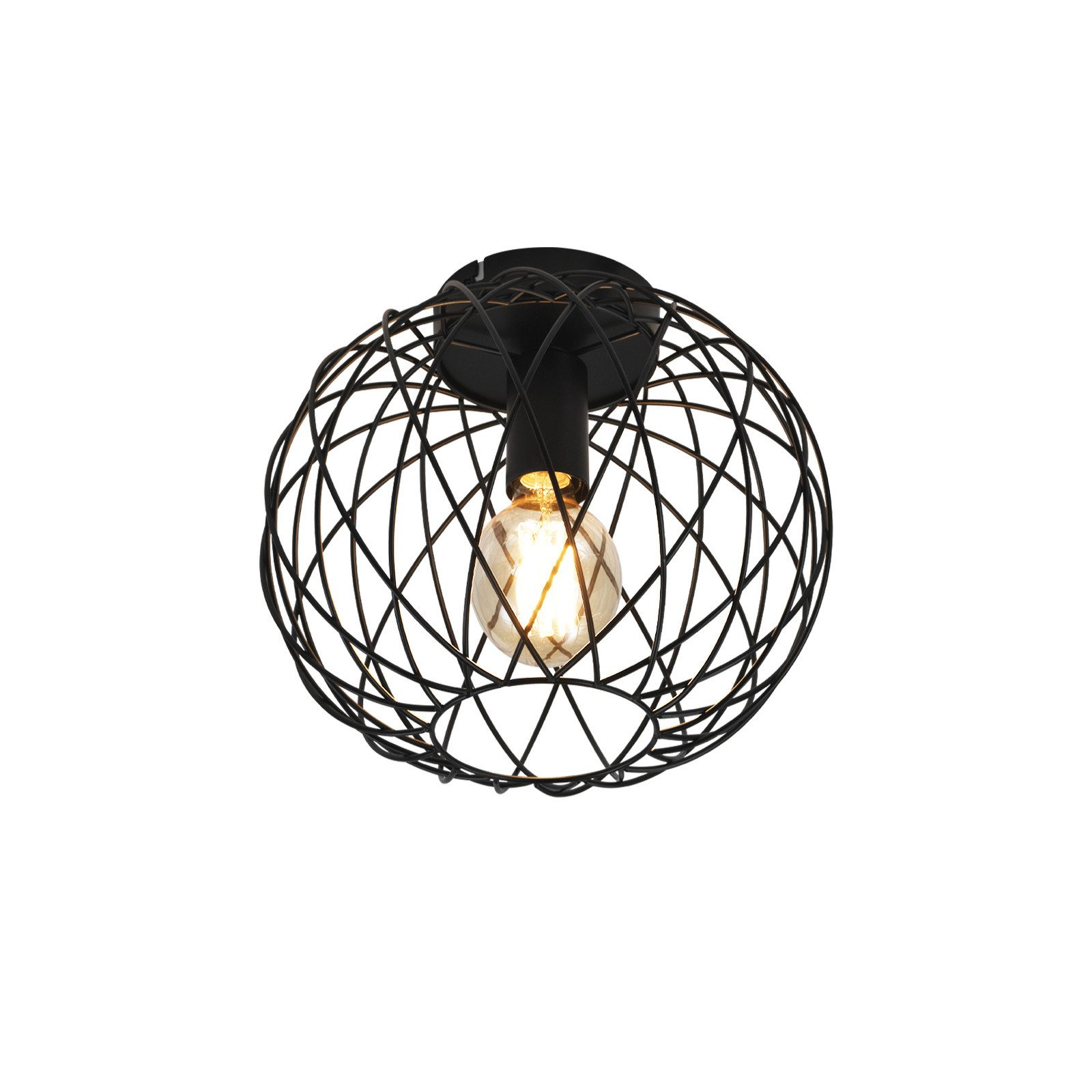 Una lampada da soffitto nera, sferica, con un design a rete, che ospita una lampadina.