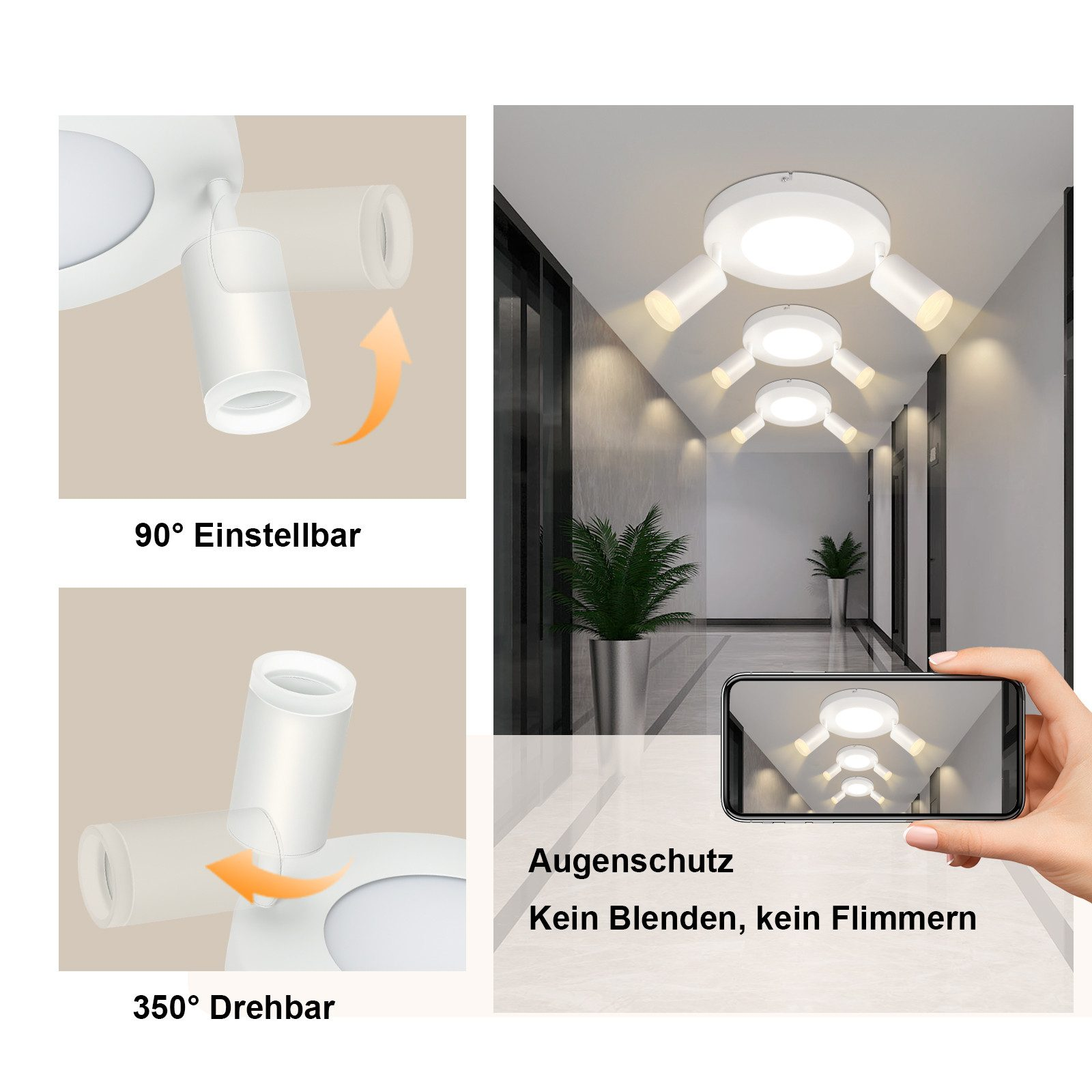 Illuminazione a incasso bianca con faretti regolabili, mostrata in diverse angolazioni.