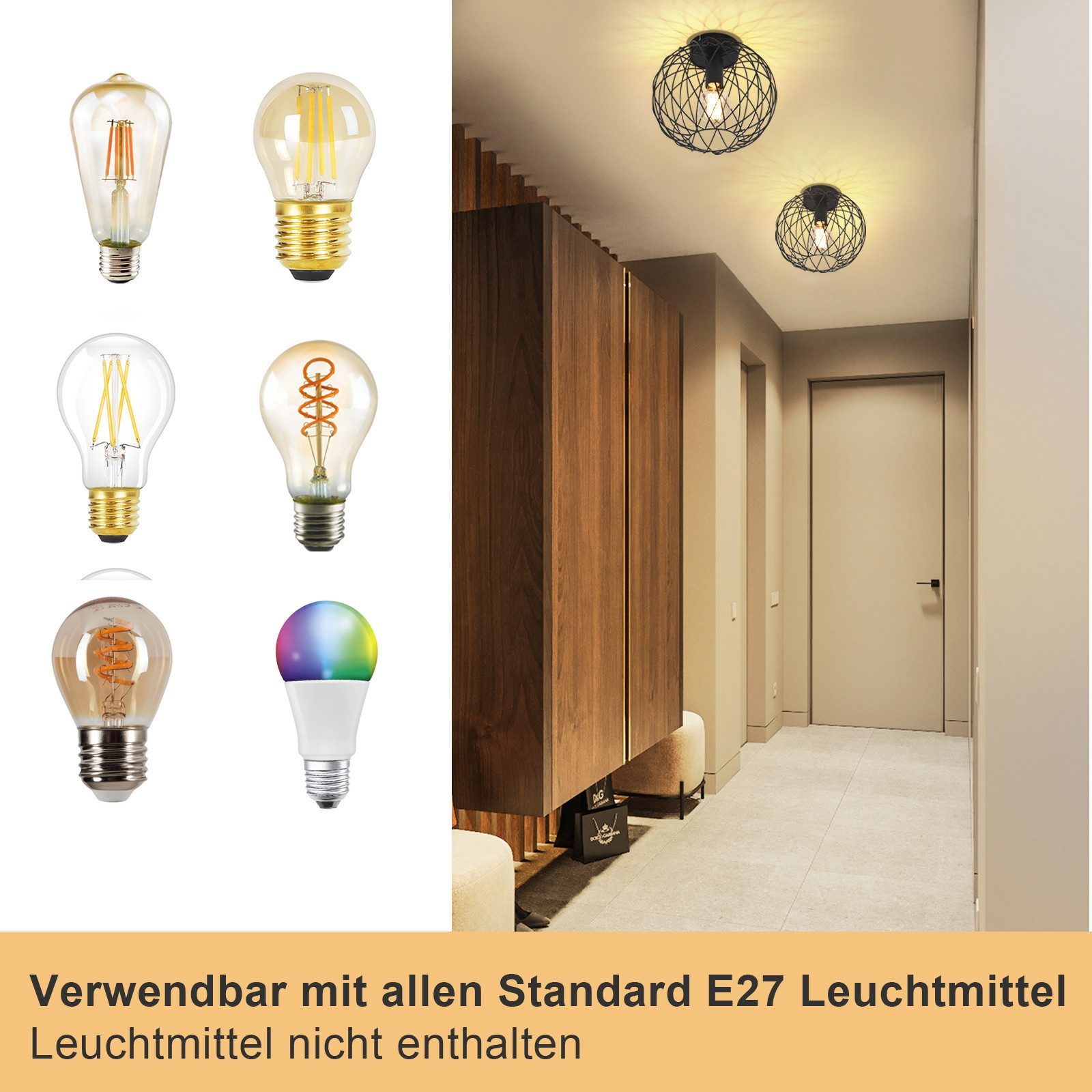 Vengono mostrate varie lampadine. Lo sfondo è un corridoio interno con moderne plafoniere.