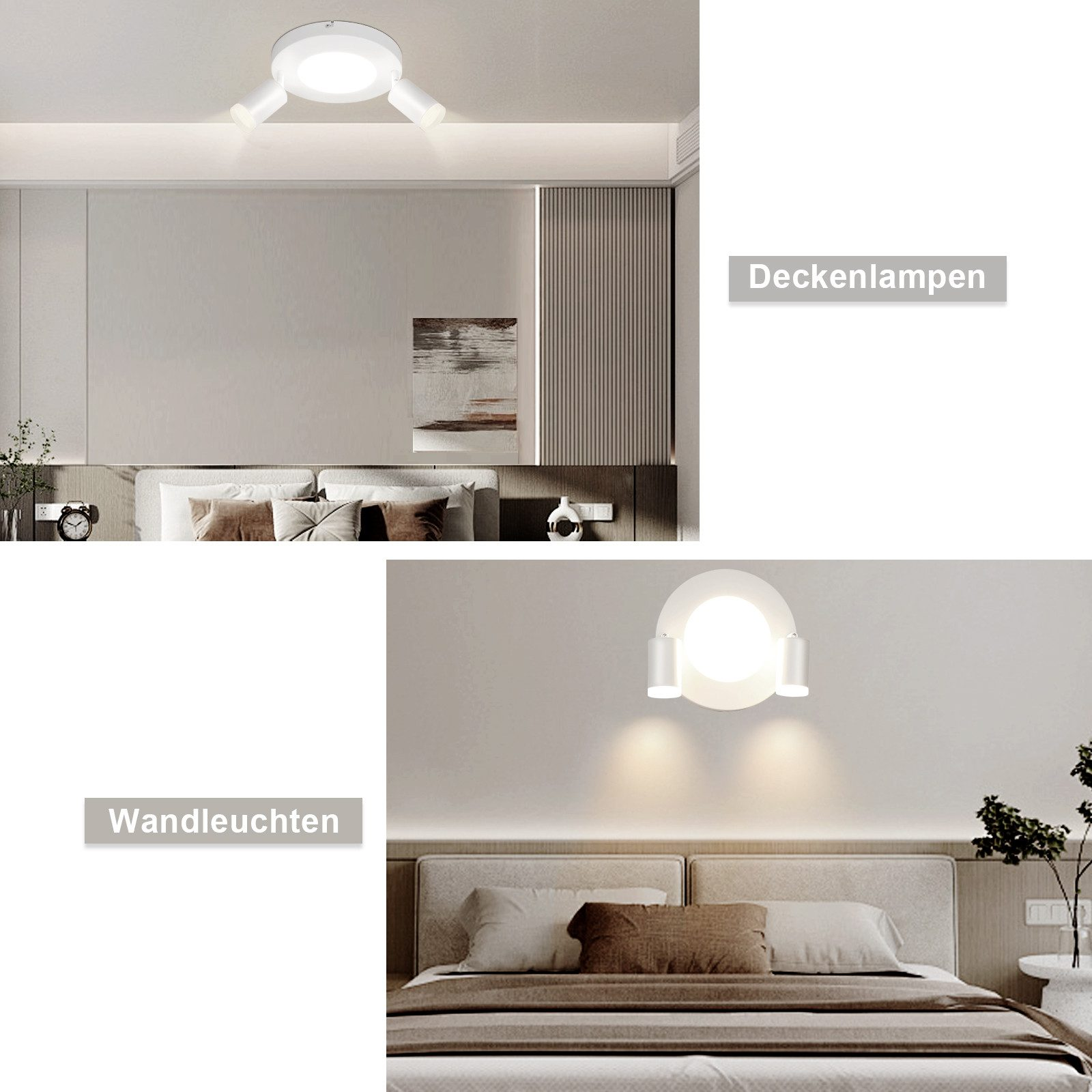 Illuminazione camera da letto, due scene: faretti a soffitto e applique, con etichette di testo: Deckenlampen, Wandleuchten.
