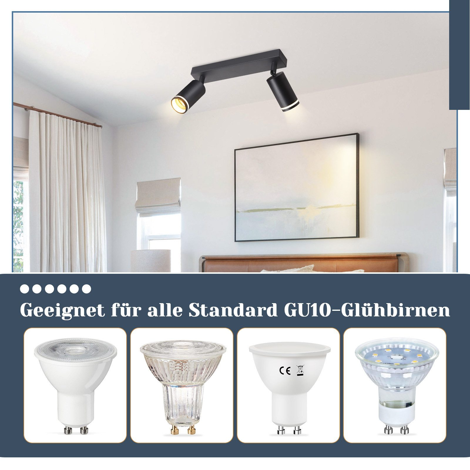 Schwarze Strahler an weißer Decke. Verschiedene GU10-Glühbirnen unterhalb der Strahler.