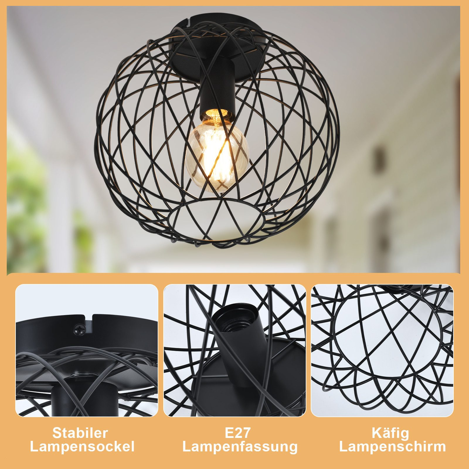 Lampada a gabbia in metallo nero con lampadina centrale. La lampada è montata a soffitto.