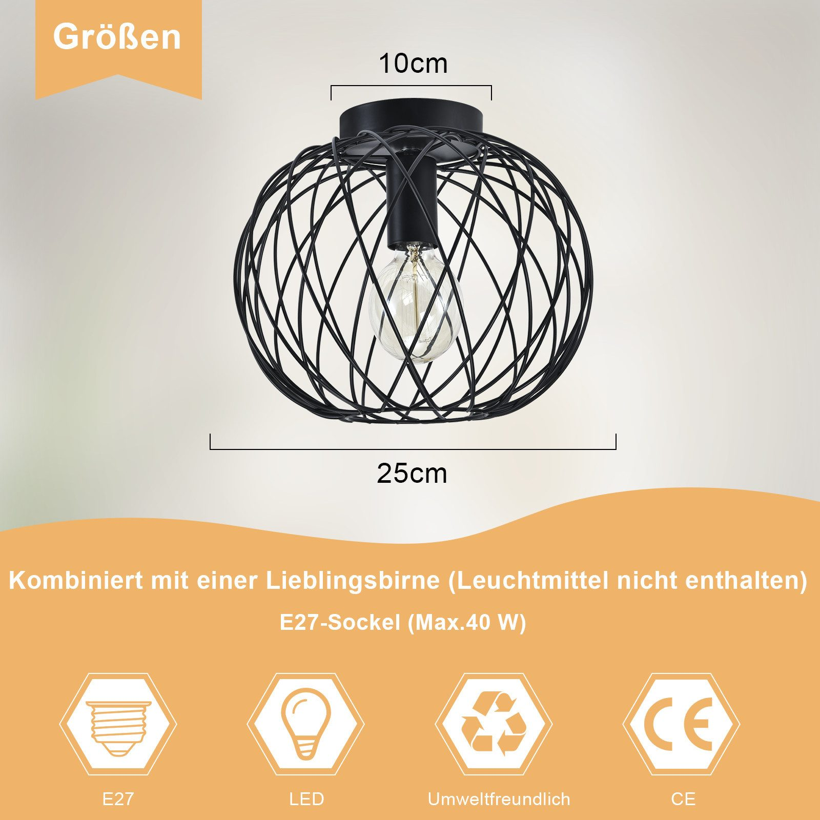 Una lampada nera con un design a filo sferico, con testo sull'immagine.