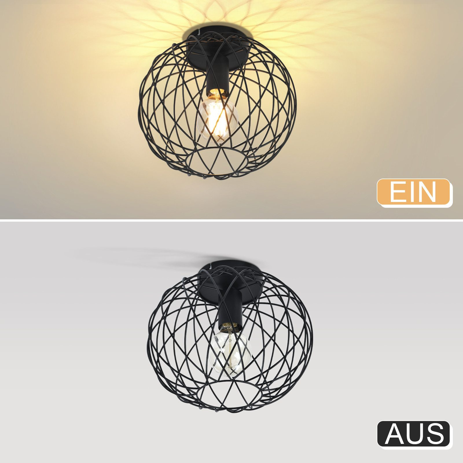 Luci a soffitto, una accesa e una spenta, in un design a filo. La luce accesa proietta un'ombra.
